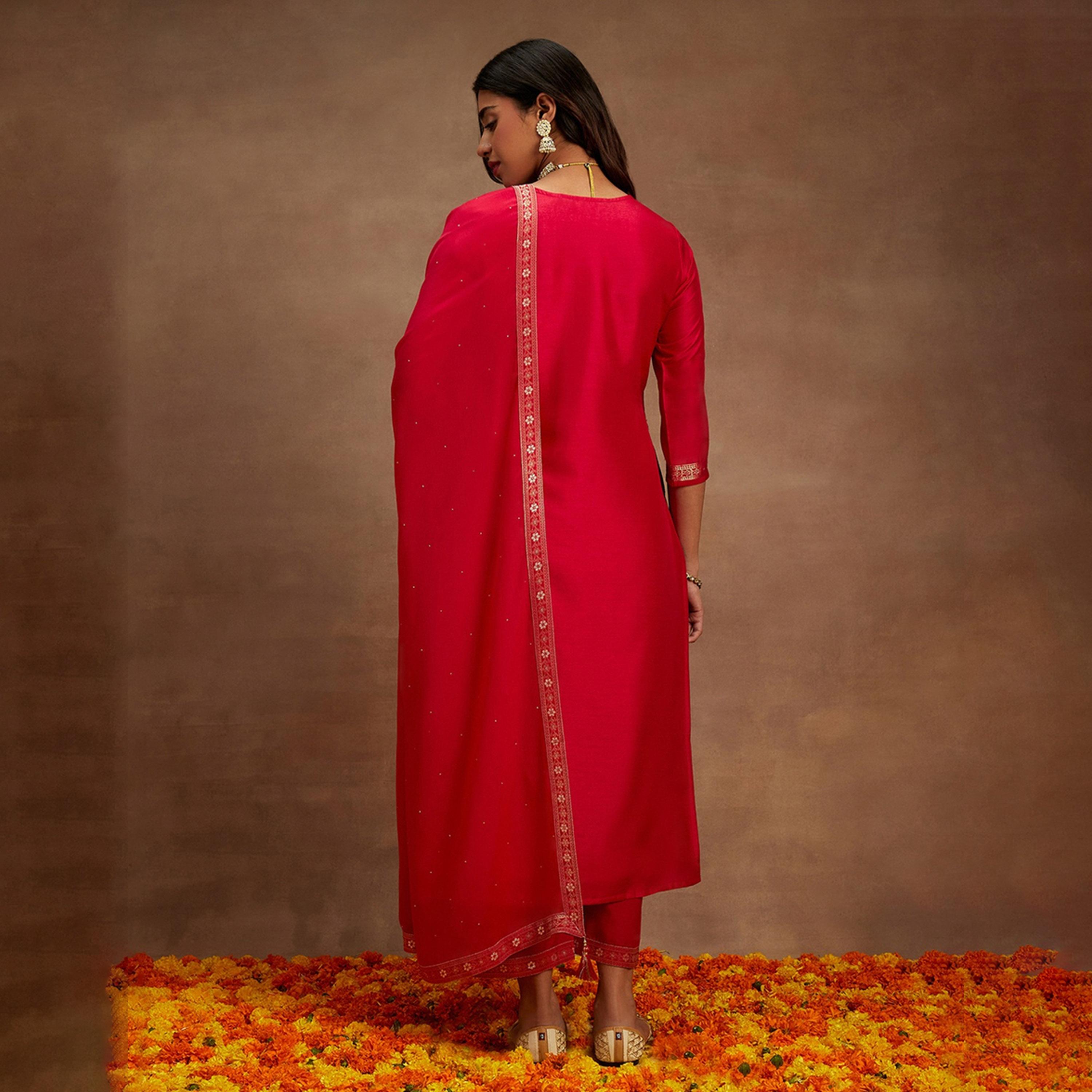 ليباس × ستايلي-  طقم كورتا مستقيم مطبوع وبنطال سادة مع وشاح دوباتا-women-clothing-ethnicwear-sareesets-image-3