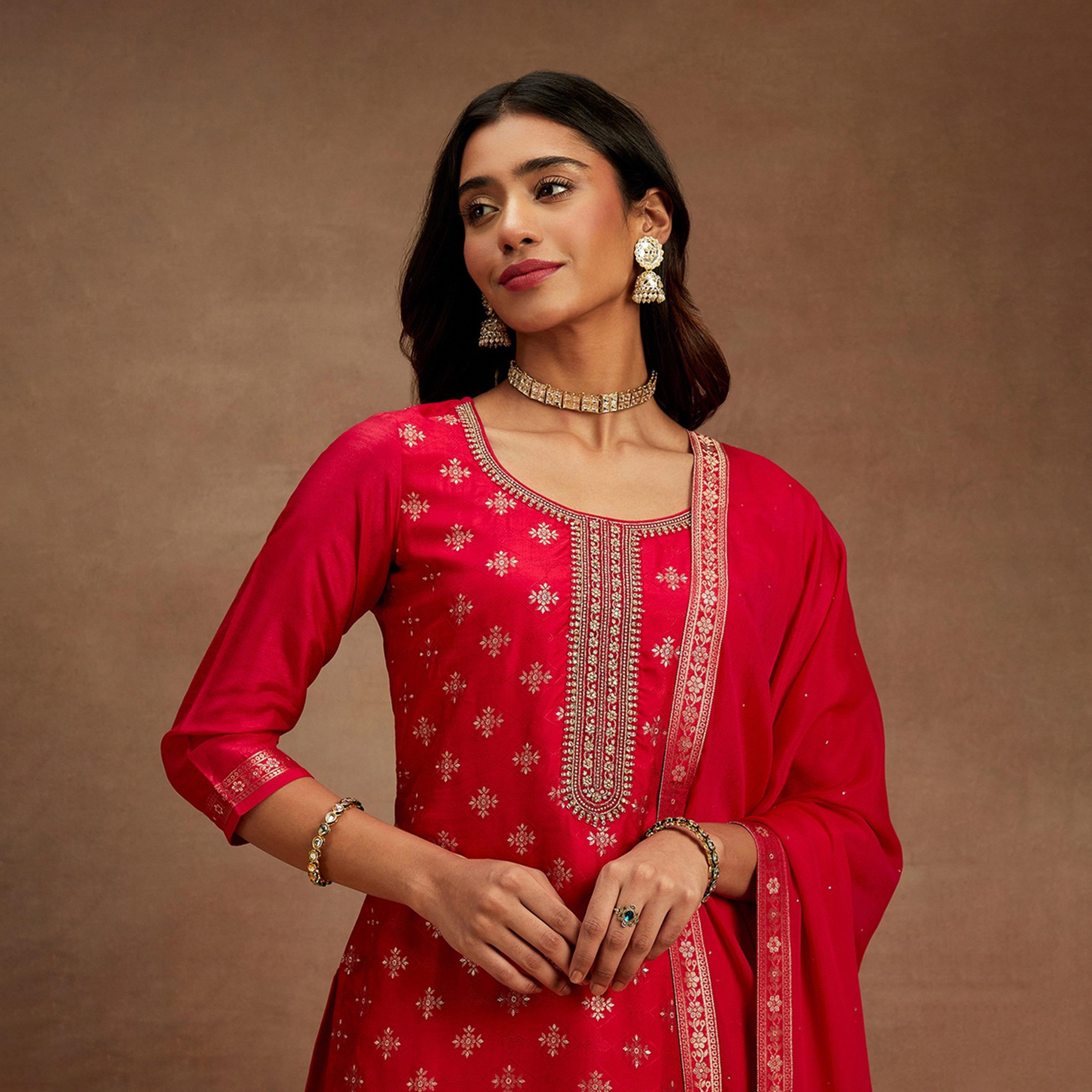 ليباس × ستايلي-  طقم كورتا مستقيم مطبوع وبنطال سادة مع وشاح دوباتا-women-clothing-ethnicwear-sareesets-image-4