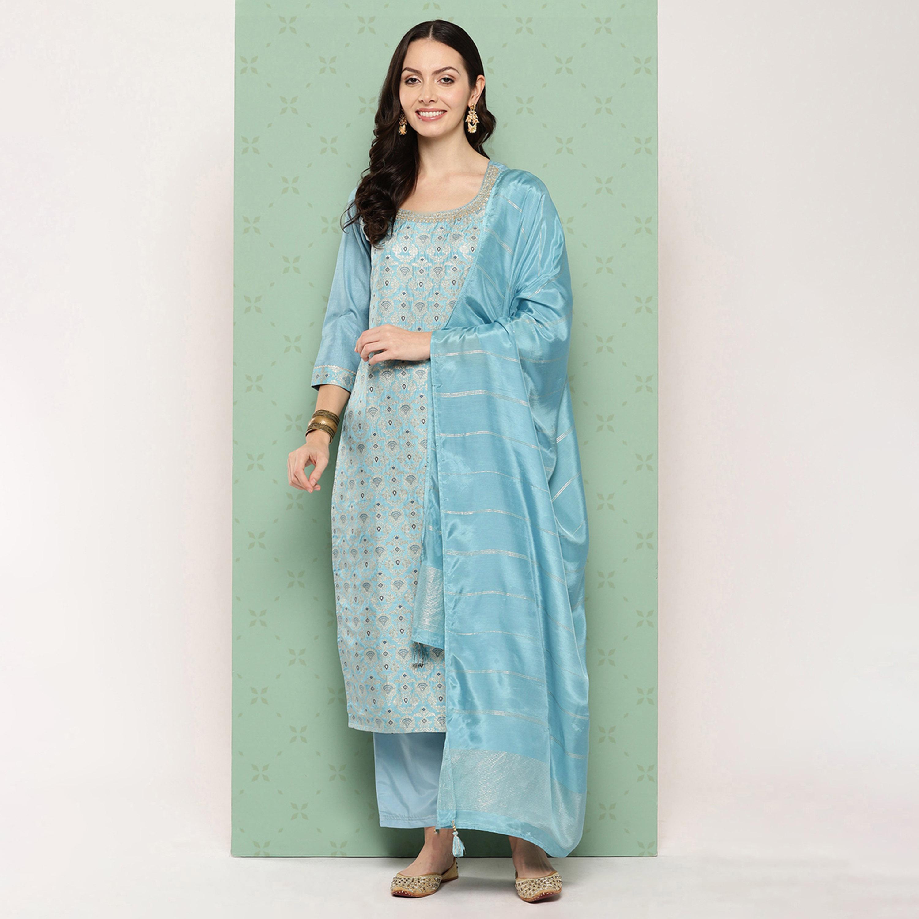 ليباس × ستايلي-  طقم كورتا مستقيم مطبوع وبنطال سادة مع وشاح دوباتا-women-clothing-ethnicwear-sareesets-image-6
