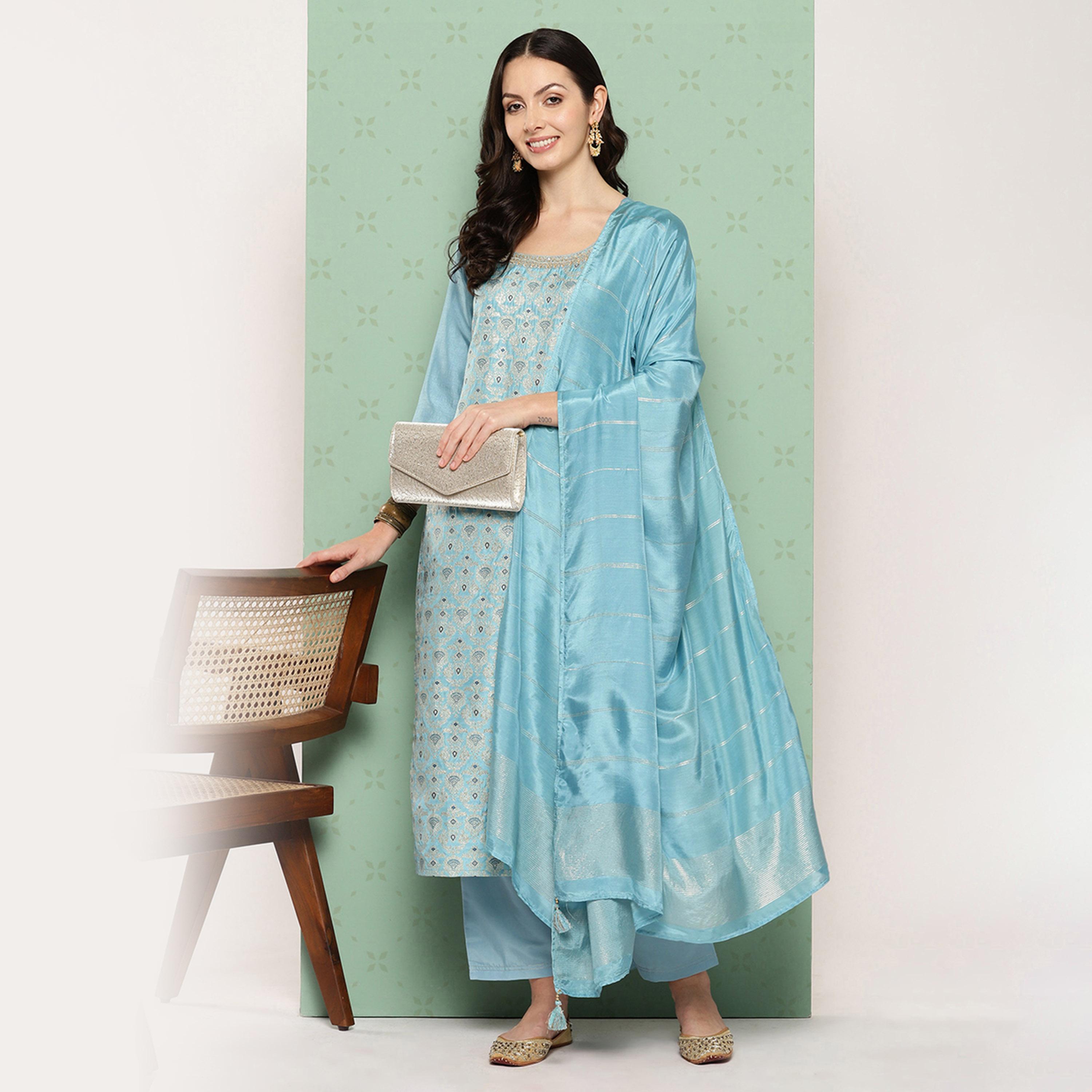 ليباس × ستايلي-  طقم كورتا مستقيم مطبوع وبنطال سادة مع وشاح دوباتا-women-clothing-ethnicwear-sareesets-image-1
