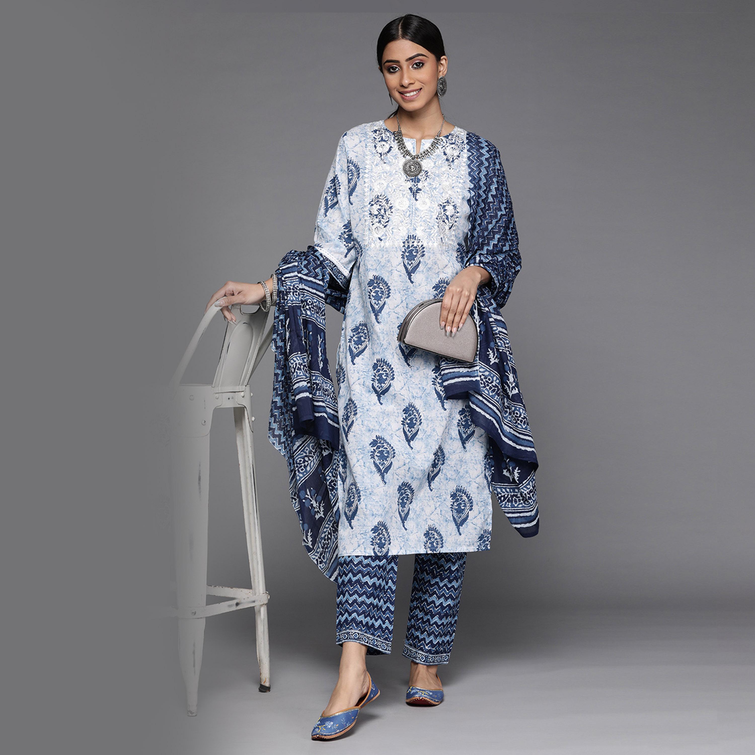 ليباس × ستايلي-  طقم كورتا وبنطال مطبوع بالكامل مع وشاح دوباتا-women-clothing-ethnicwear-sareesets-image-2