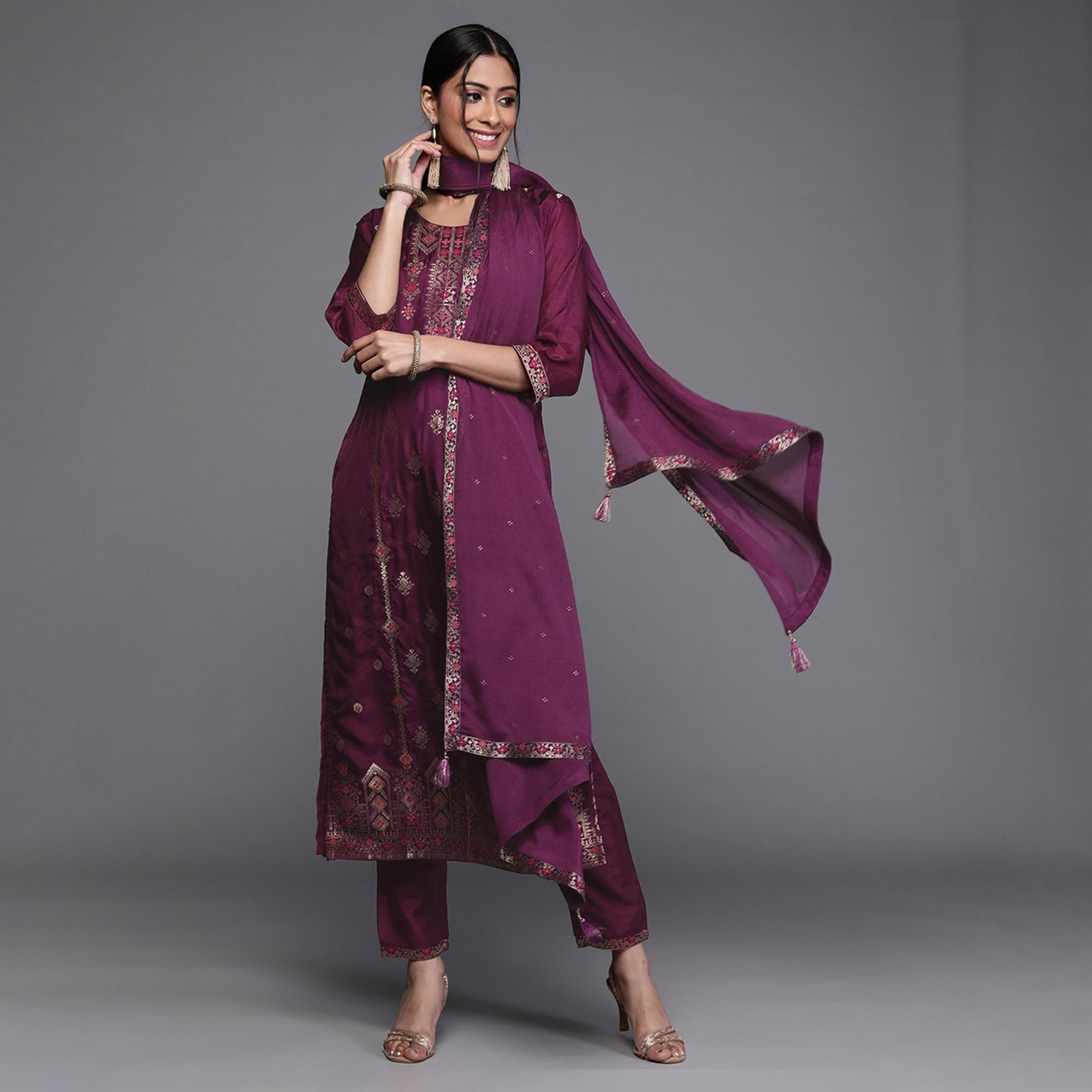 Libas X Styli Silk Zari Work Kurta and Solid Trousers with Chiffon Embellished Dupatta Set-women-clothing-ethnicwear-sareesets-image-1
