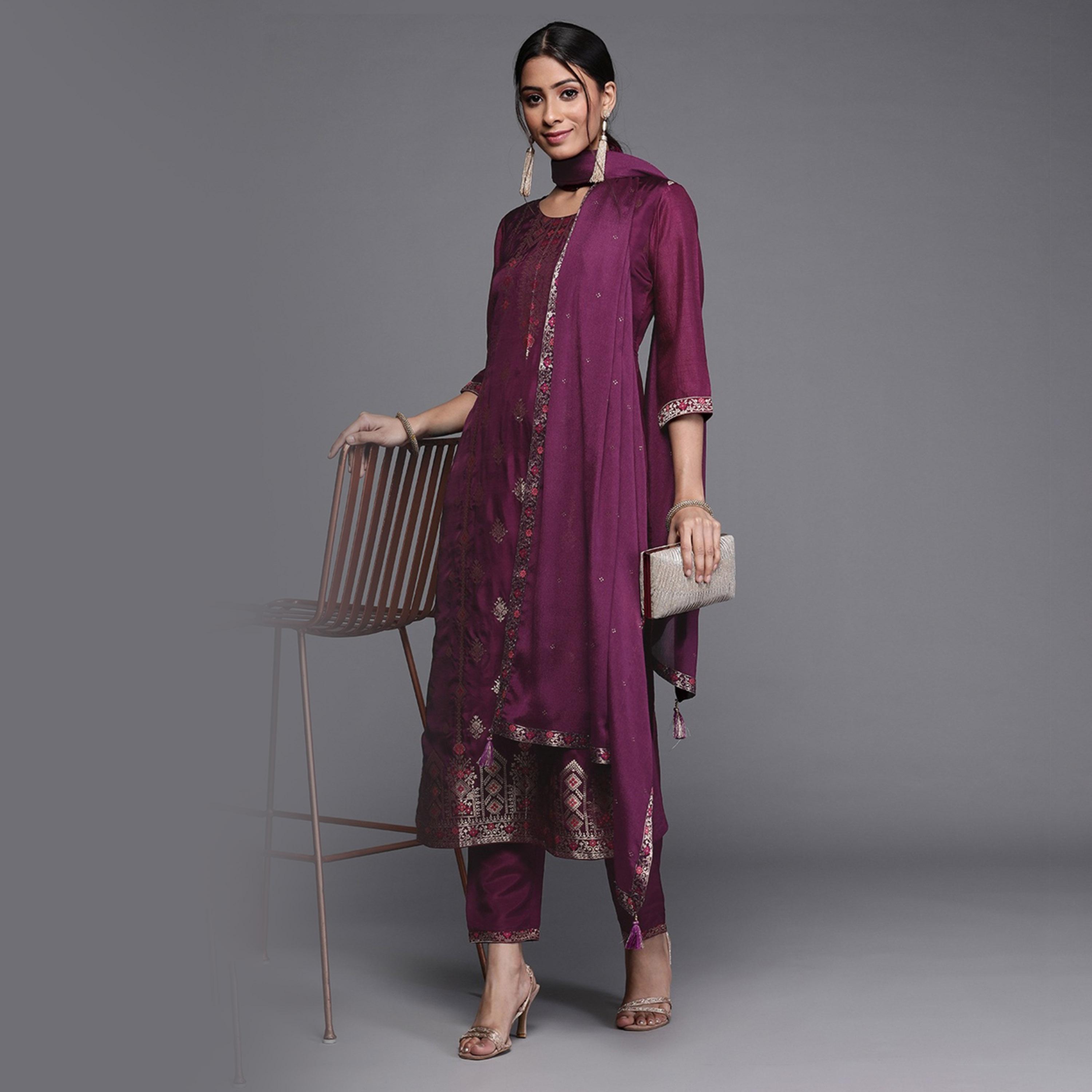 Libas X Styli Silk Zari Work Kurta and Solid Trousers with Chiffon Embellished Dupatta Set-women-clothing-ethnicwear-sareesets-image-2