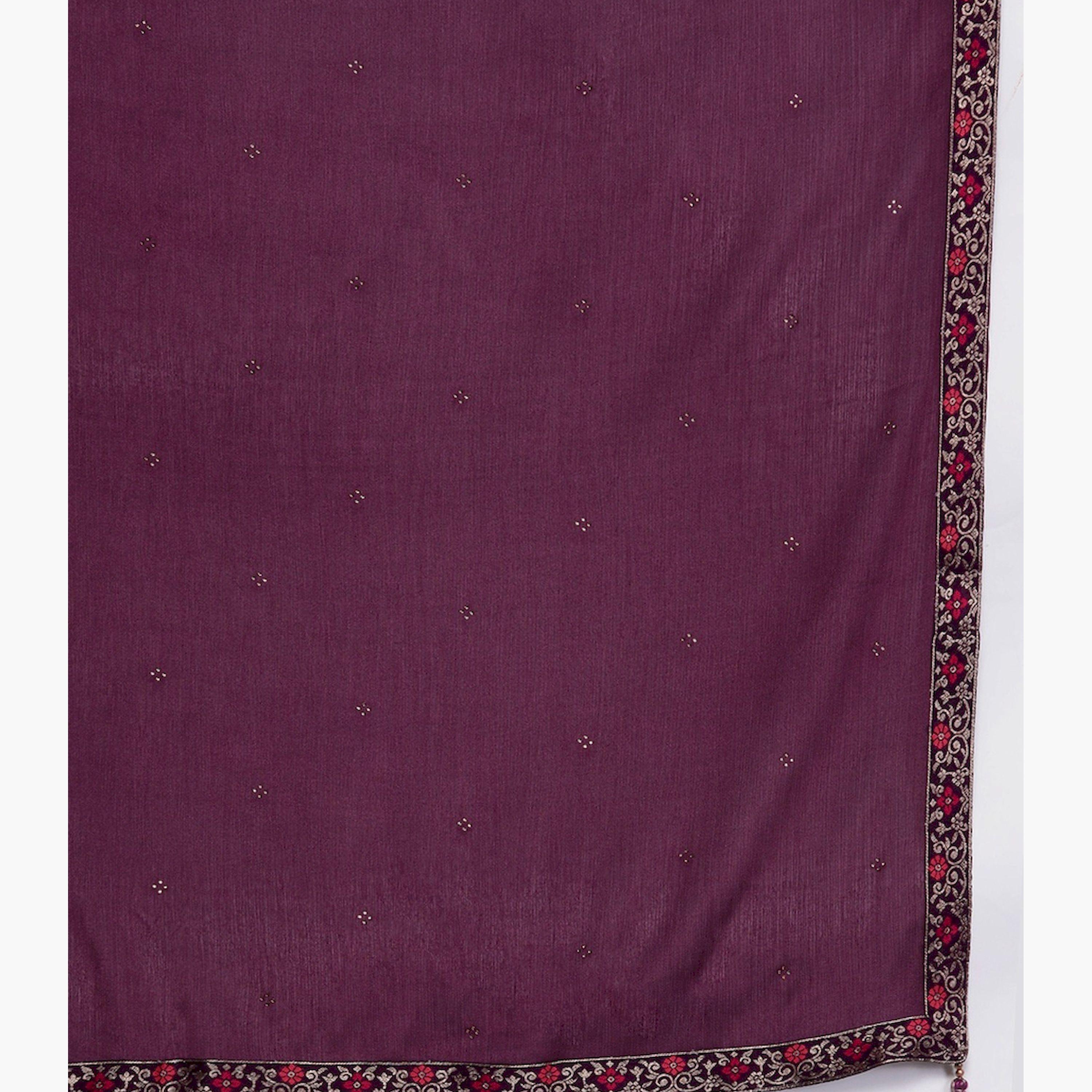 ليباس × ستايلي-  طقم كورتا حريرية زاري وبنطال سادة مع وشاح دوباتا مزين بالشيفون-women-clothing-ethnicwear-sareesets-image-7