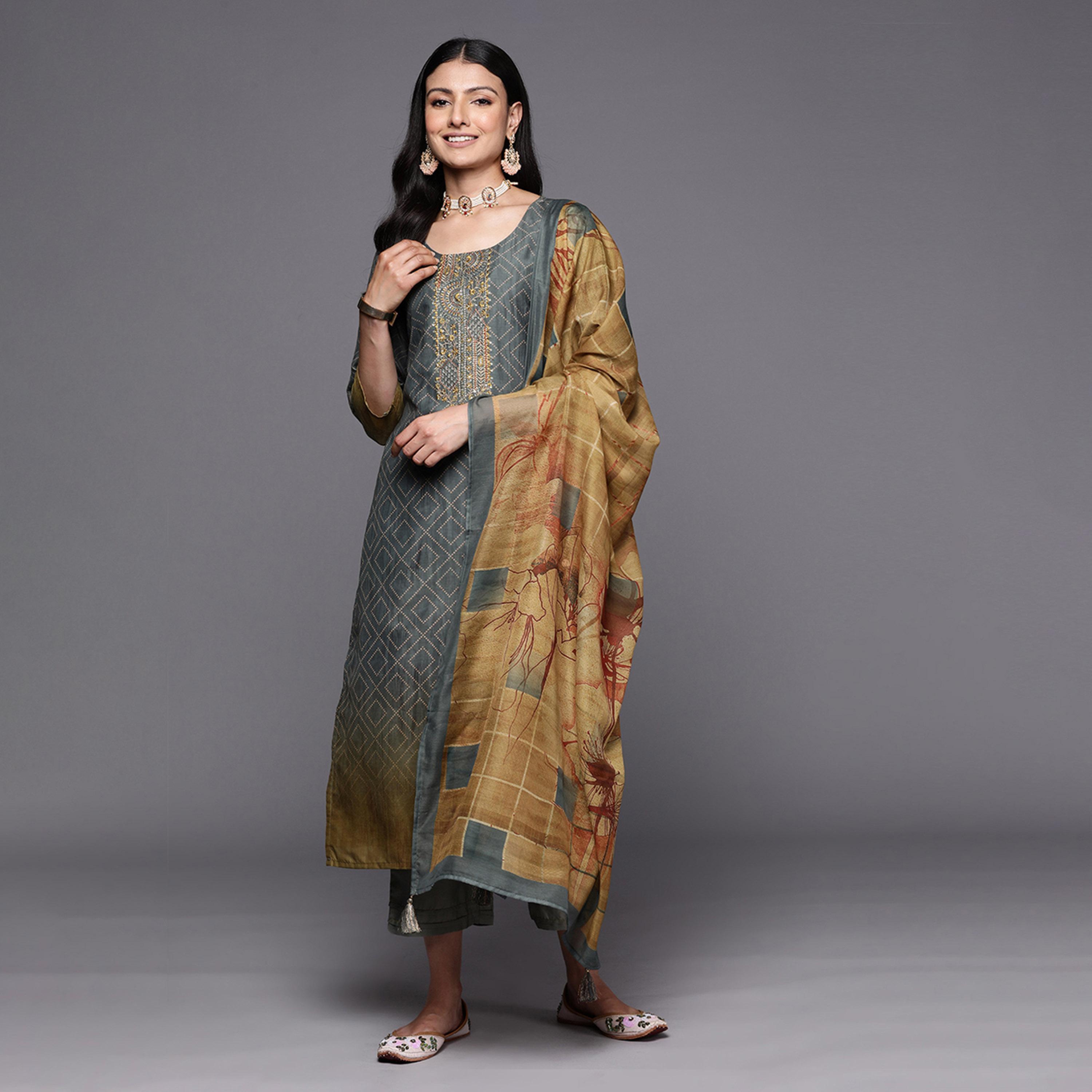 Libas X Styli Silk Embroidered Kurta with Solid Trousers and Printed Dupatta Set-women-clothing-ethnicwear-sareesets-image-1