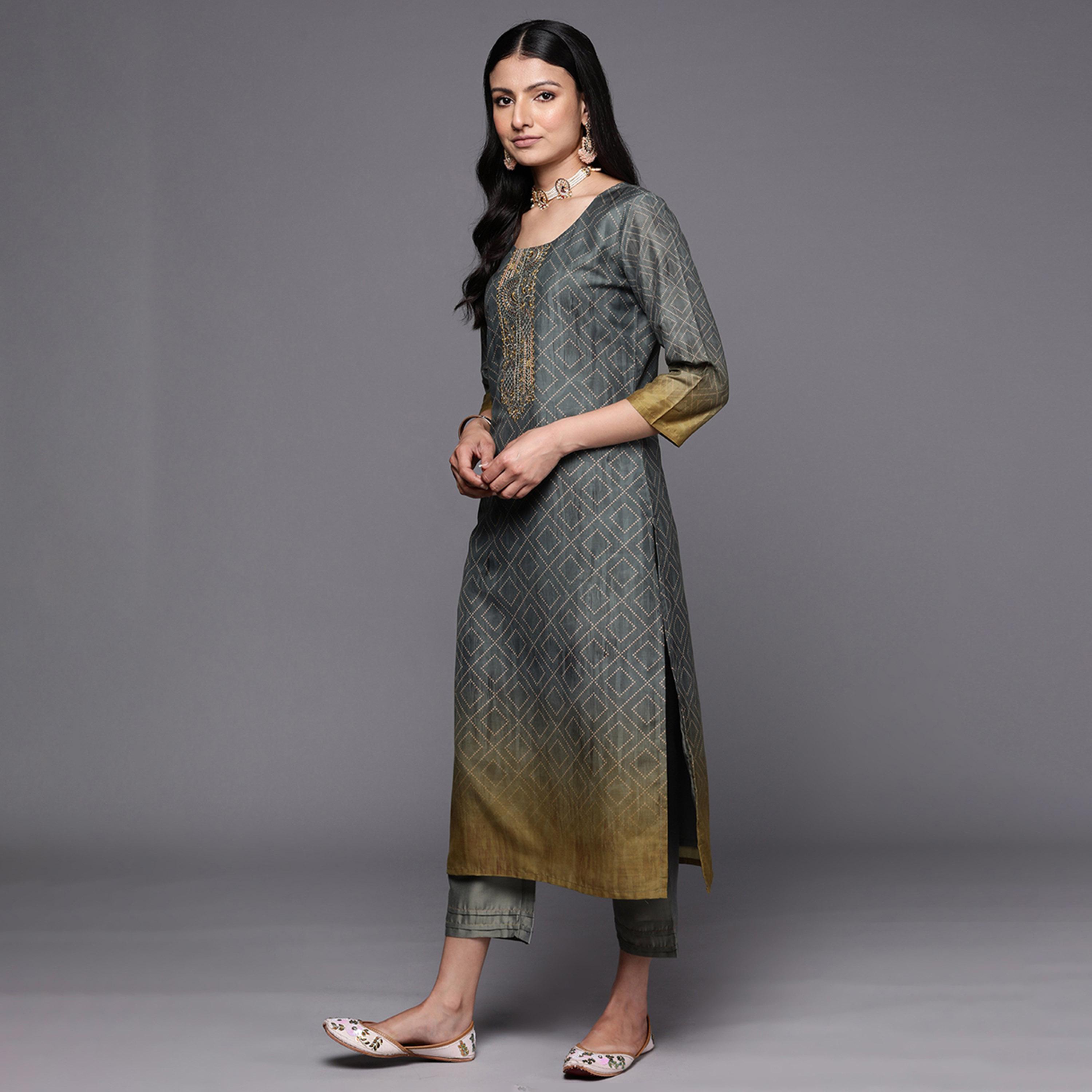 Libas X Styli Silk Embroidered Kurta with Solid Trousers and Printed Dupatta Set-women-clothing-ethnicwear-sareesets-image-2