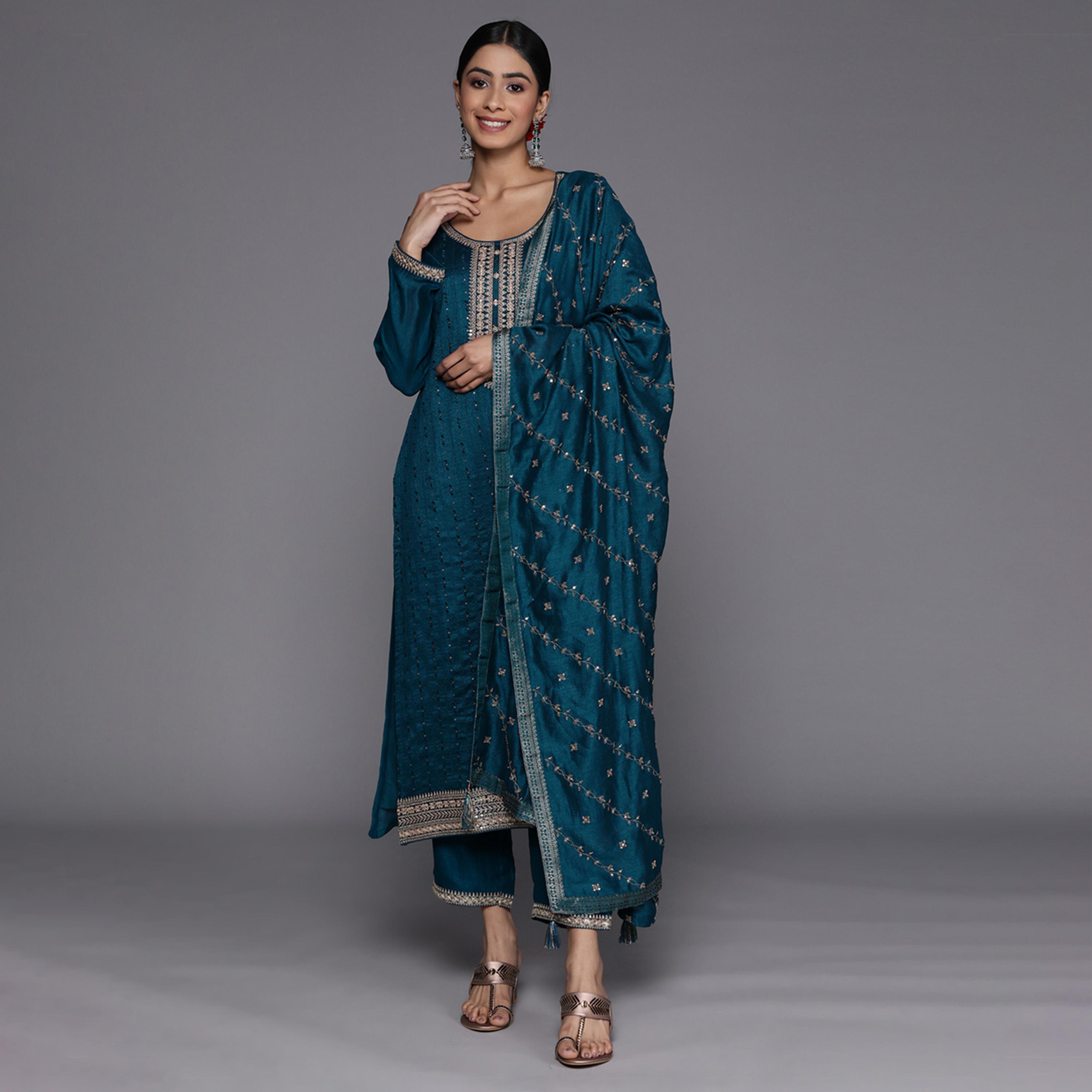 Libas X Styli Silk Embroidered Kurta and Solid Trousers with Embroidered Dupatta Set-women-clothing-ethnicwear-sareesets-image-1