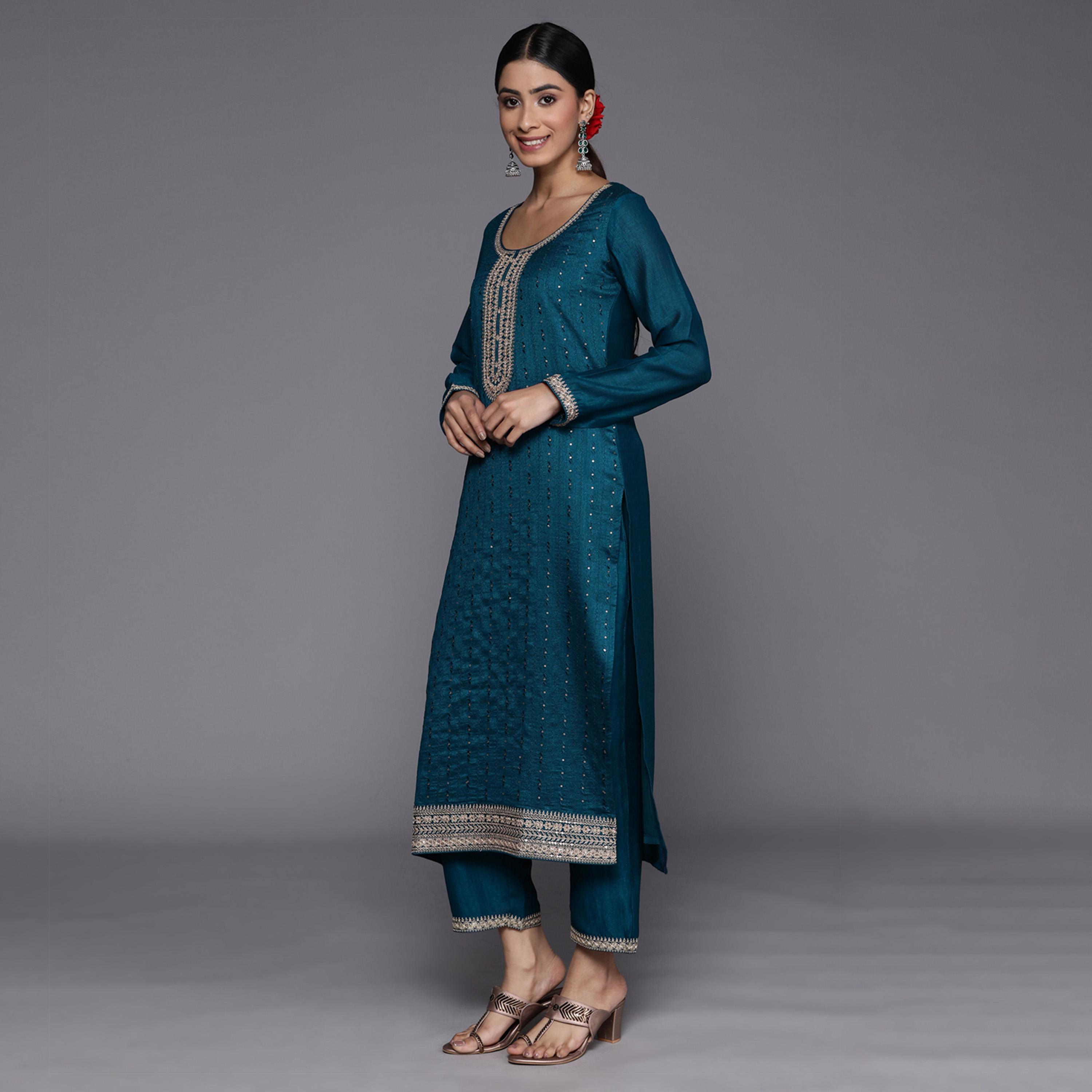 Libas X Styli Silk Embroidered Kurta and Solid Trousers with Embroidered Dupatta Set-women-clothing-ethnicwear-sareesets-image-2