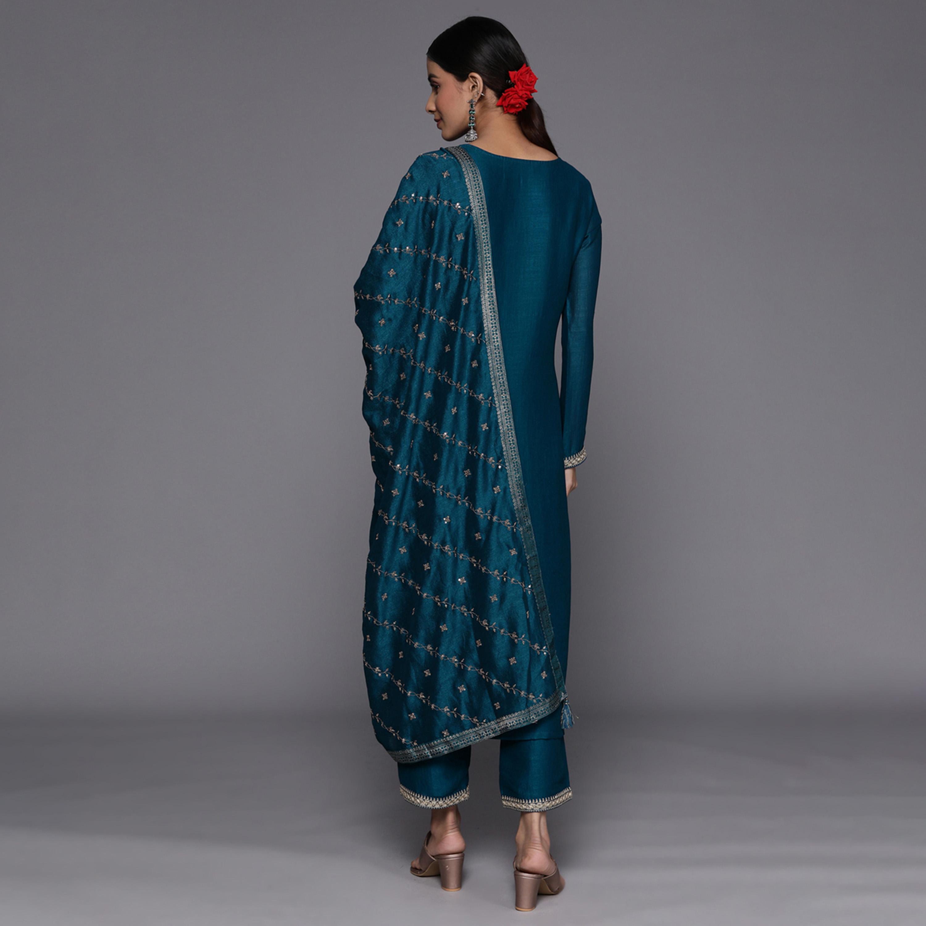 Libas X Styli Silk Embroidered Kurta and Solid Trousers with Embroidered Dupatta Set-women-clothing-ethnicwear-sareesets-image-3