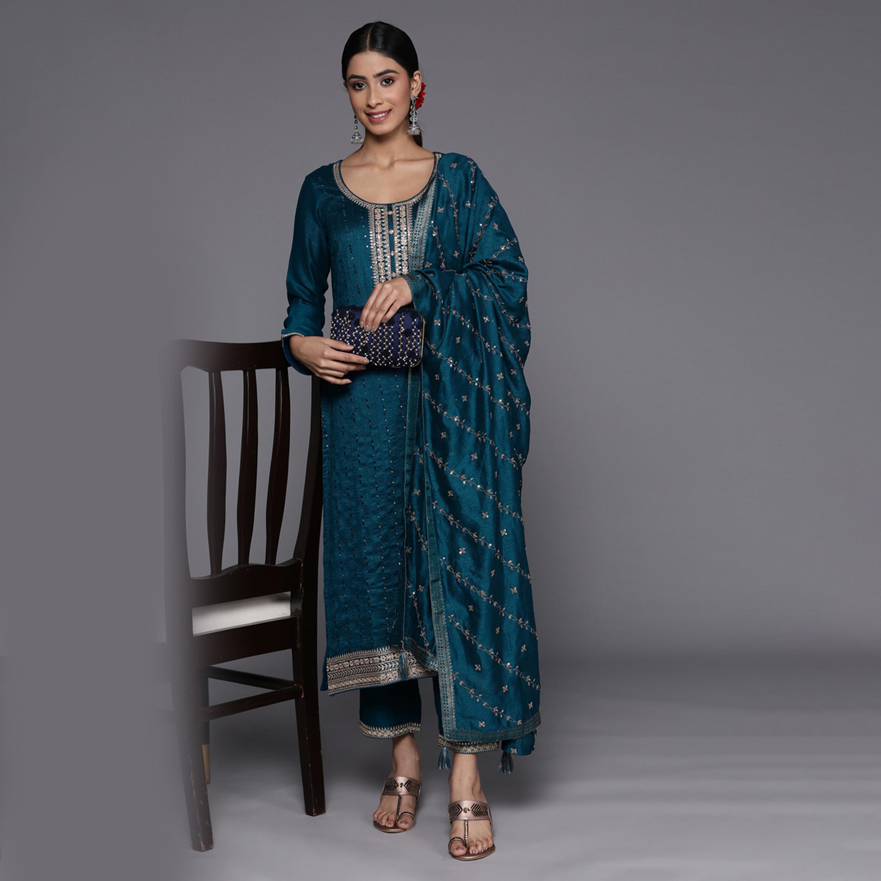 Libas X Styli Silk Embroidered Kurta and Solid Trousers with Embroidered Dupatta Set-women-clothing-ethnicwear-sareesets-image-7