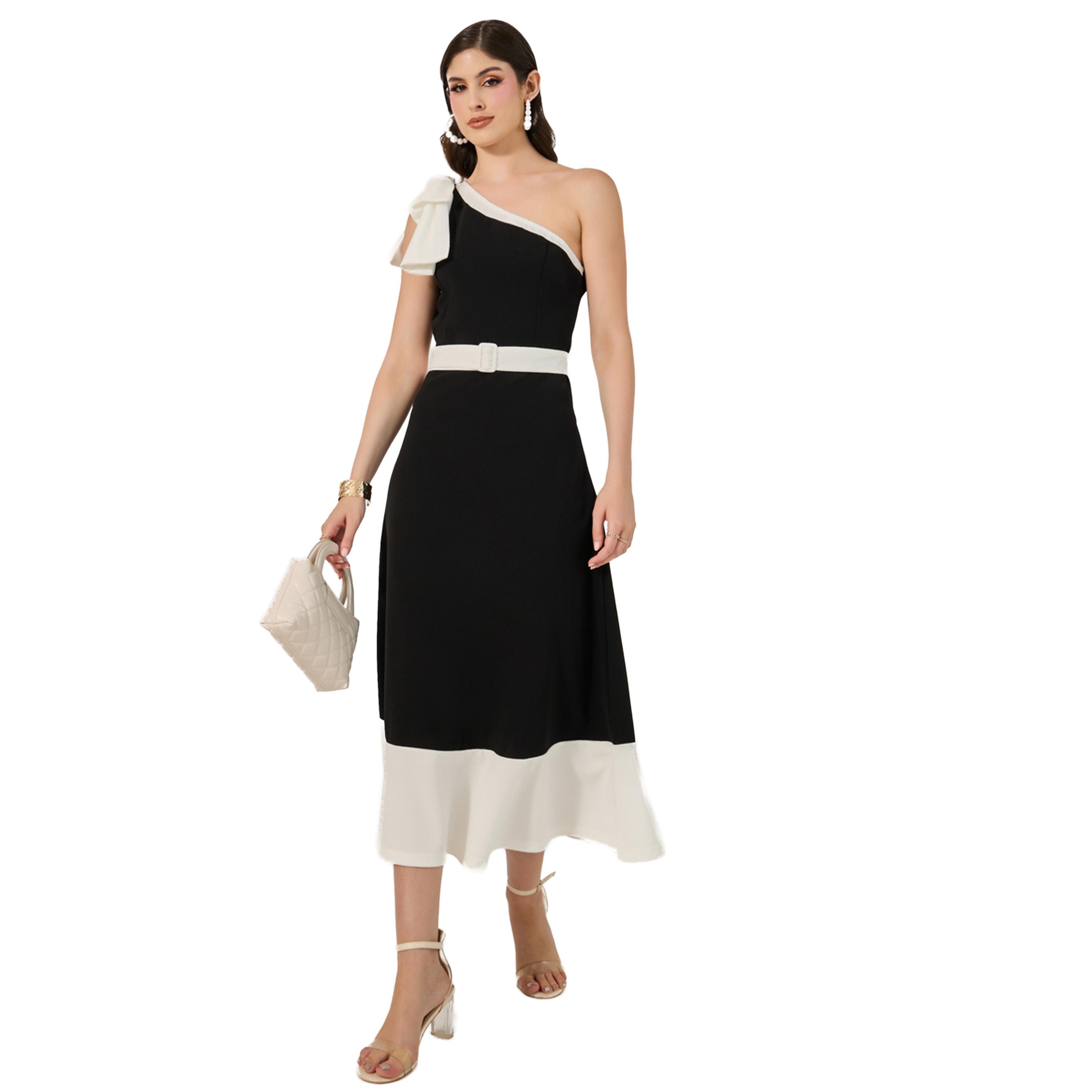 Styli Color Block One Shoulder Neck A-Line Midi Dress-women-clothing-dresses-image-1