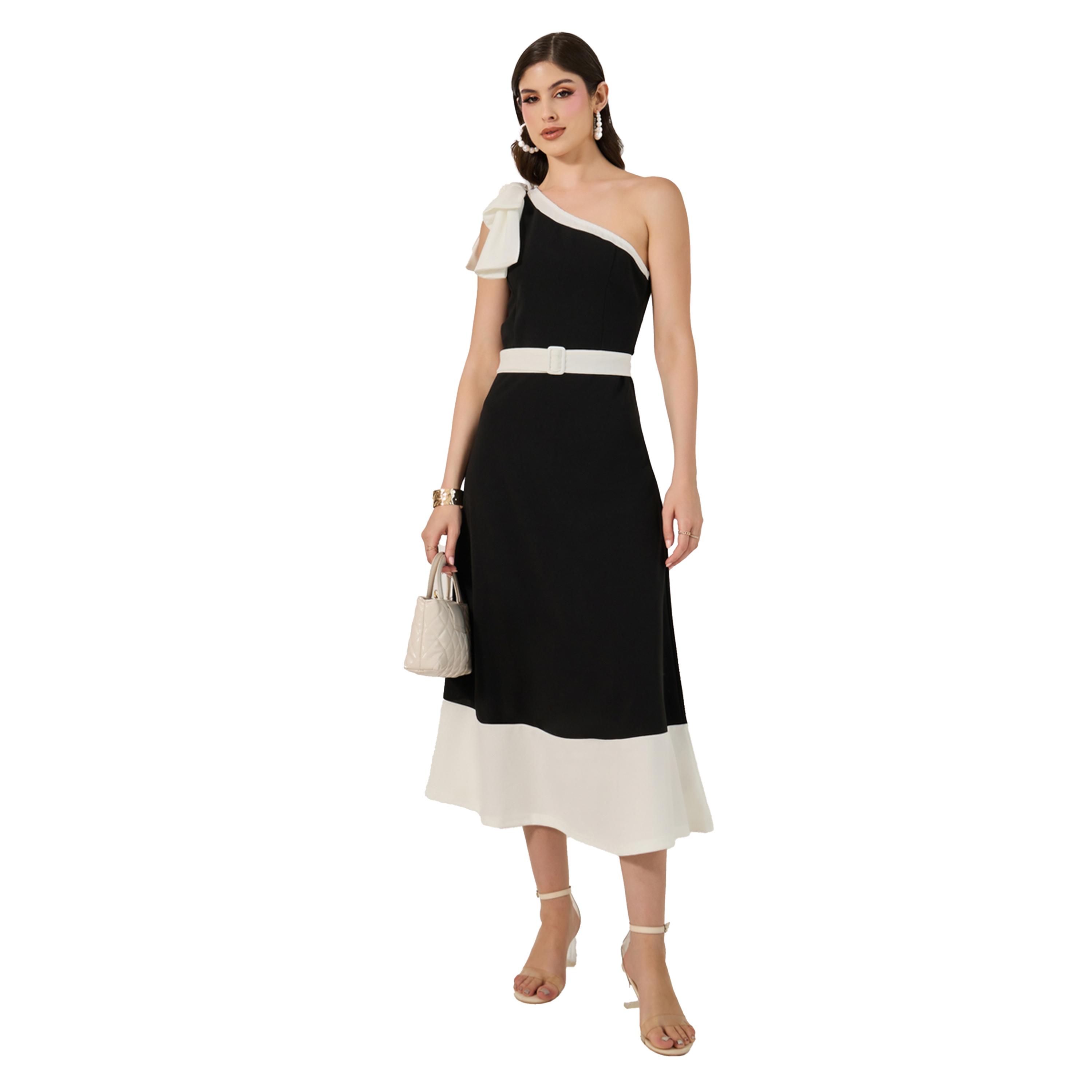 ستايلي - فستان متوسط الطول بقصة A وكتف واحد بألوان متباينة-women-clothing-dresses-image-2