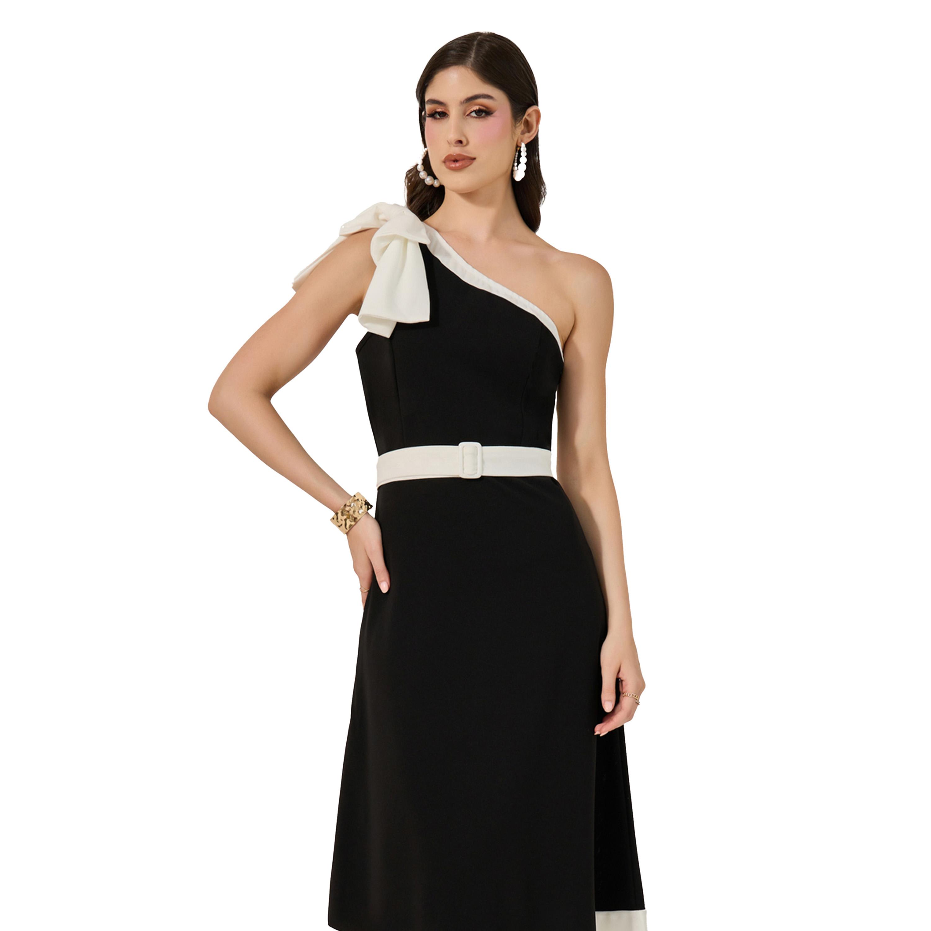 Styli Color Block One Shoulder Neck A-Line Midi Dress-women-clothing-dresses-image-3