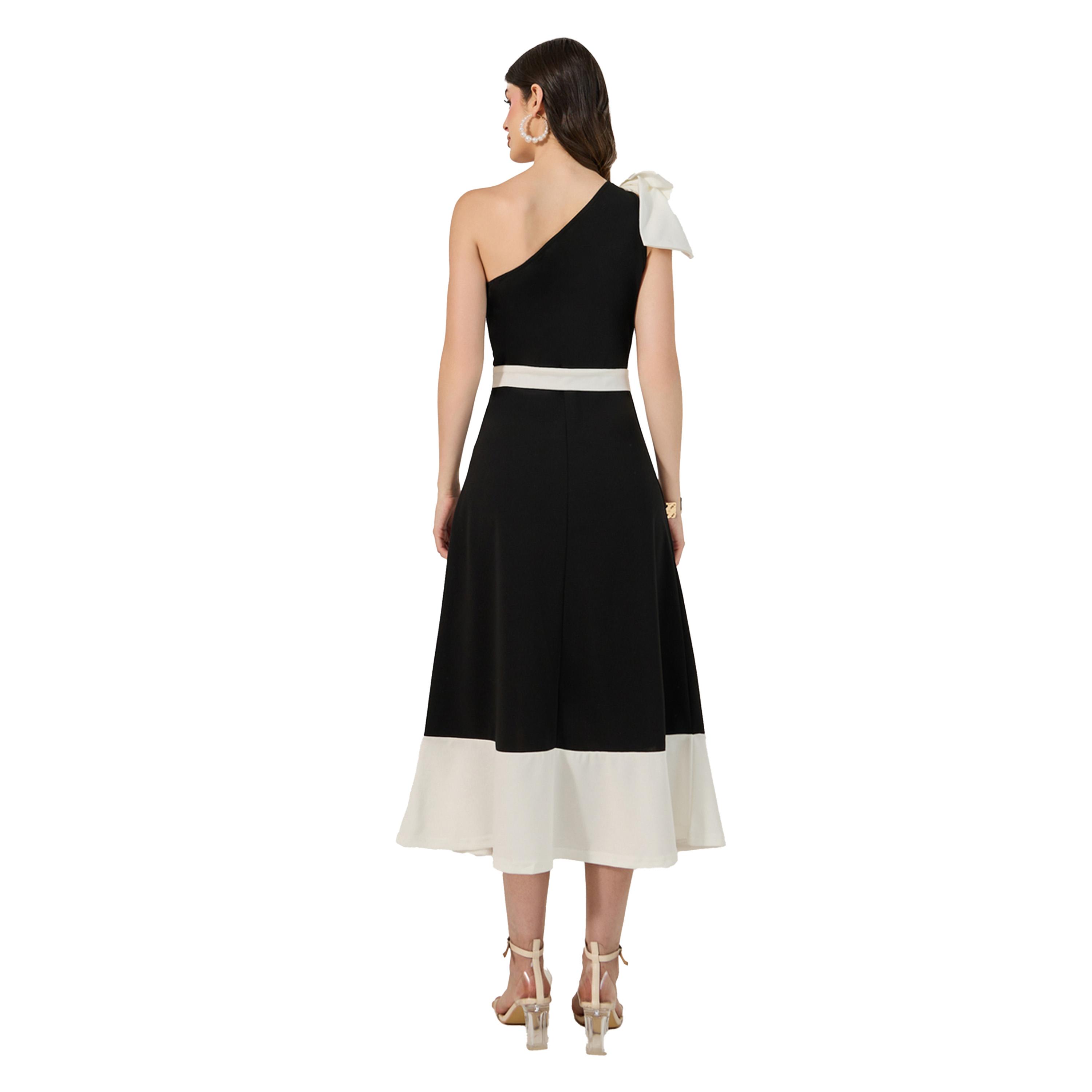 ستايلي - فستان متوسط الطول بقصة A وكتف واحد بألوان متباينة-women-clothing-dresses-image-5