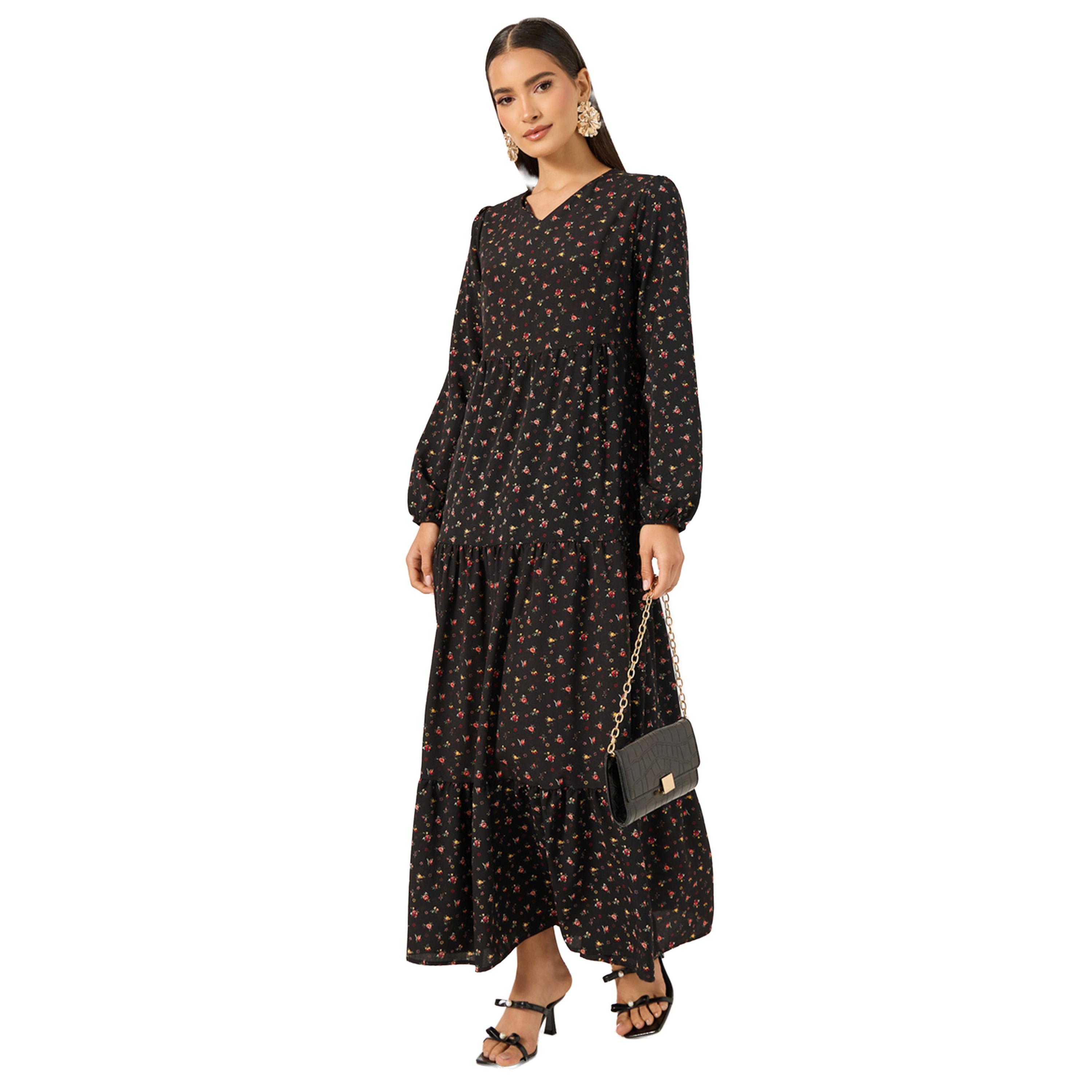 ستايلي - فستان ماكسي متعدد الطبقات بأكمام طويلة وطبعة كاملة-women-clothing-dresses-image-1