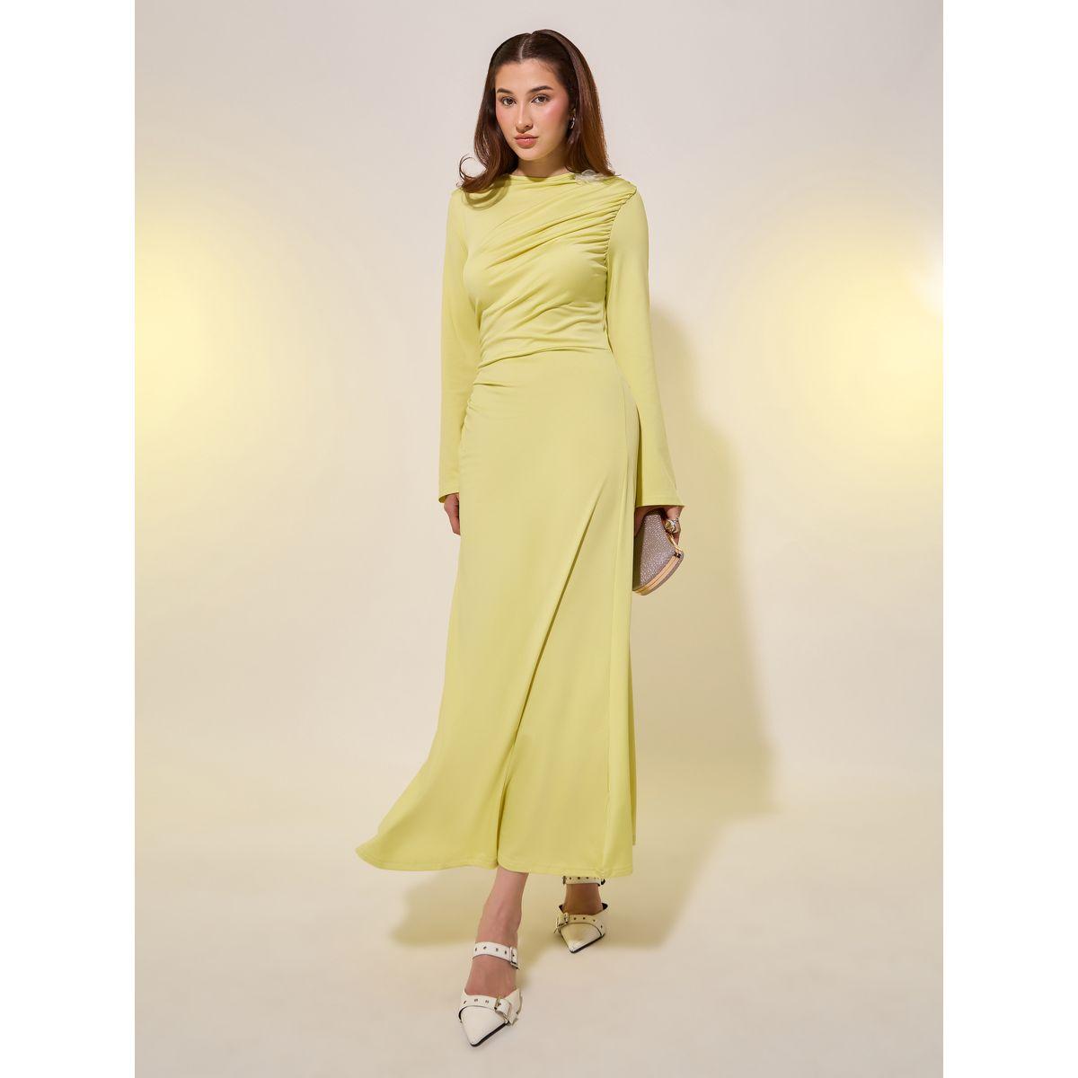Styli Solid Bell Sleeves A-Line Midi Dress with Corsage Detail-women-clothing-dresses-image-2
