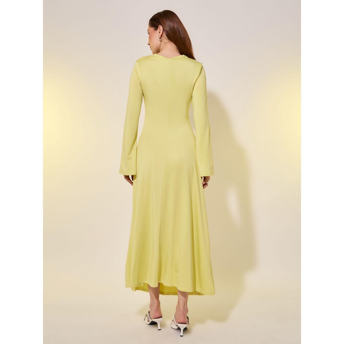 Styli Solid Bell Sleeves A-Line Midi Dress with Corsage Detail-women-clothing-dresses-image-5