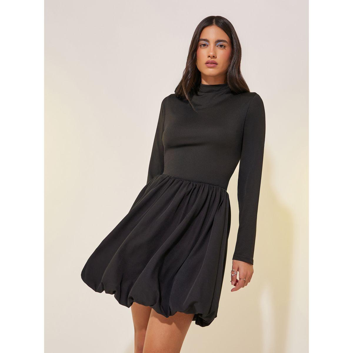 Styli Solid Long Sleeve Balloon Hem A-Line Mini Dress-women-clothing-dresses-image-1
