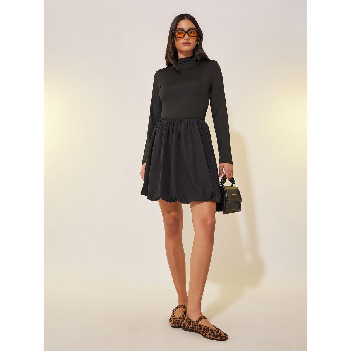 فستان قصير سادة بحافة بالون وأكمام طويلة-women-clothing-dresses-image-2