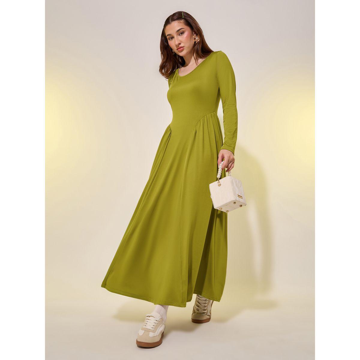 فستان ميدي سادة بحافة واسعة وتفاصيل مُجمعة-women-clothing-dresses-image-2
