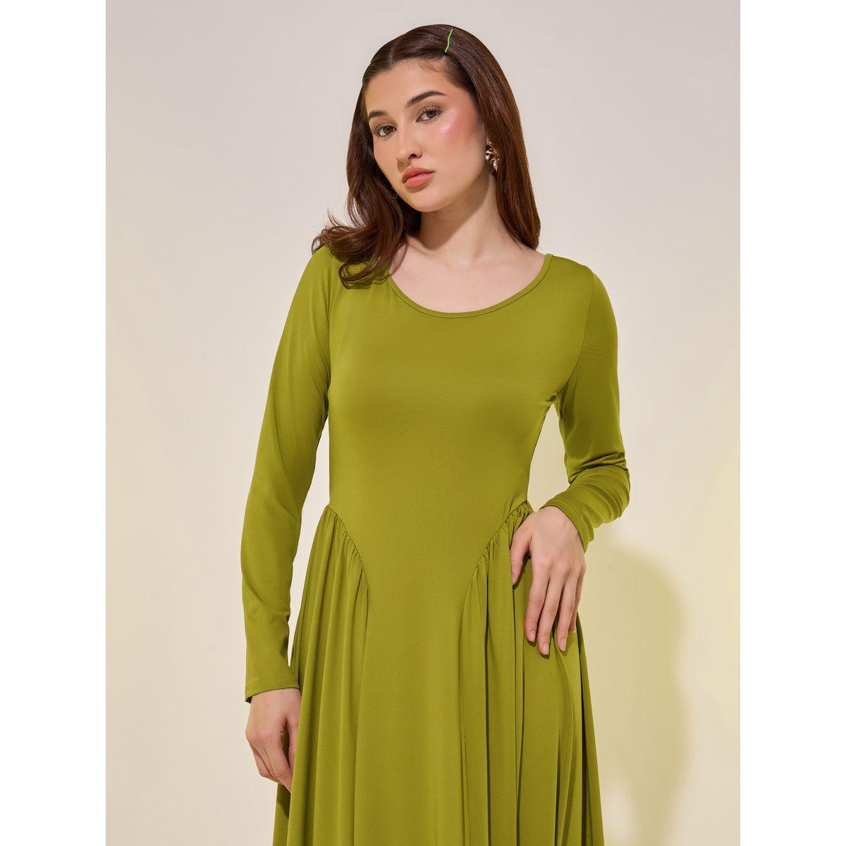 فستان ميدي سادة بحافة واسعة وتفاصيل مُجمعة-women-clothing-dresses-image-3