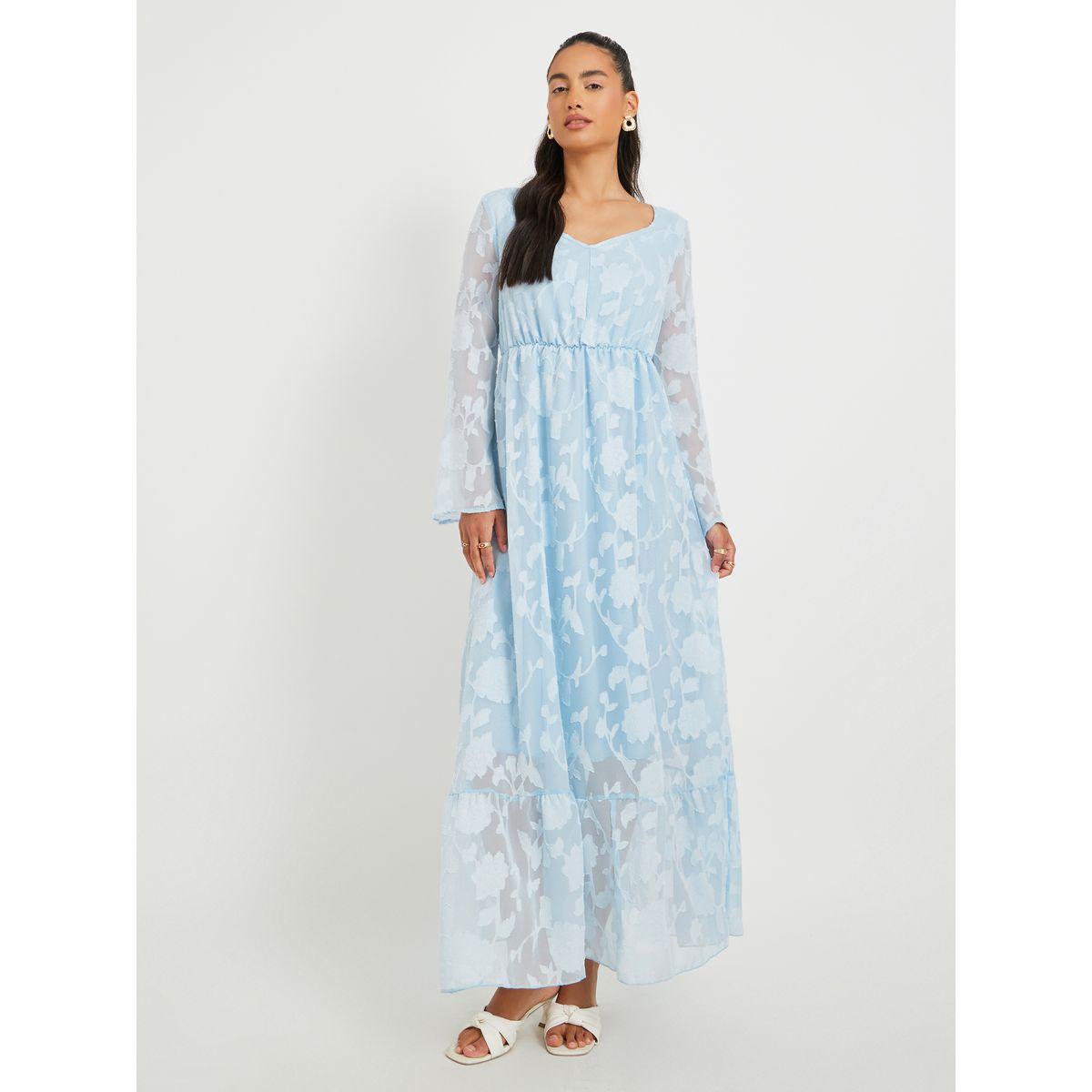 فستان طويل جاكار بتفاصيل مُجمعة وأكمام طويلة-women-clothing-dresses-image-2