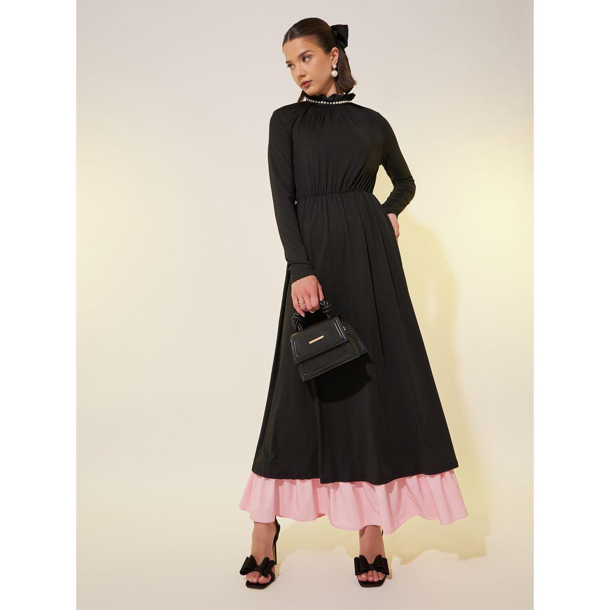 Styli Faux Pearl Trim Contrast Layered Hem A-Line Maxi Dress-women-clothing-dresses-image-1
