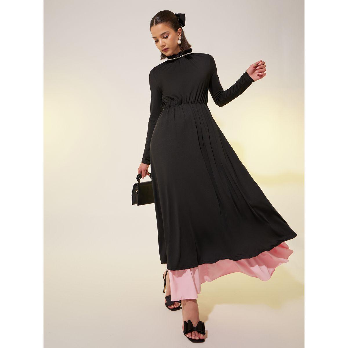 Styli Faux Pearl Trim Contrast Layered Hem A-Line Maxi Dress-women-clothing-dresses-image-2