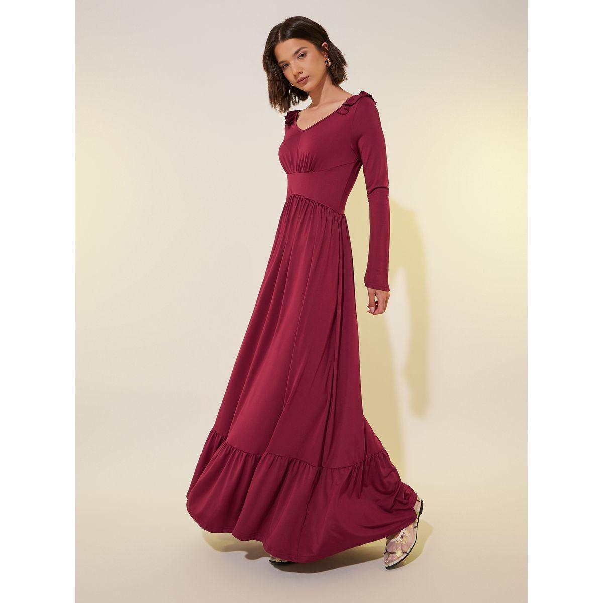 Styli Solid V Neck Ruffle Trim A-Line Maxi Dress-women-clothing-dresses-image-1
