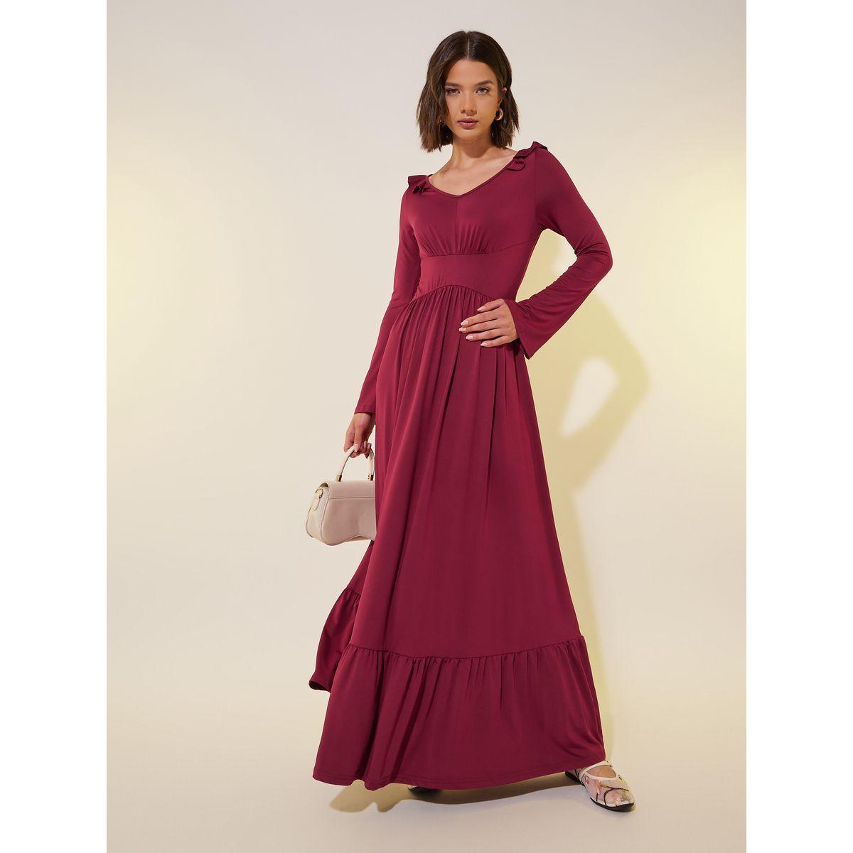فستان طويل سادة بحافة واسعة وكشكش-women-clothing-dresses-image-2