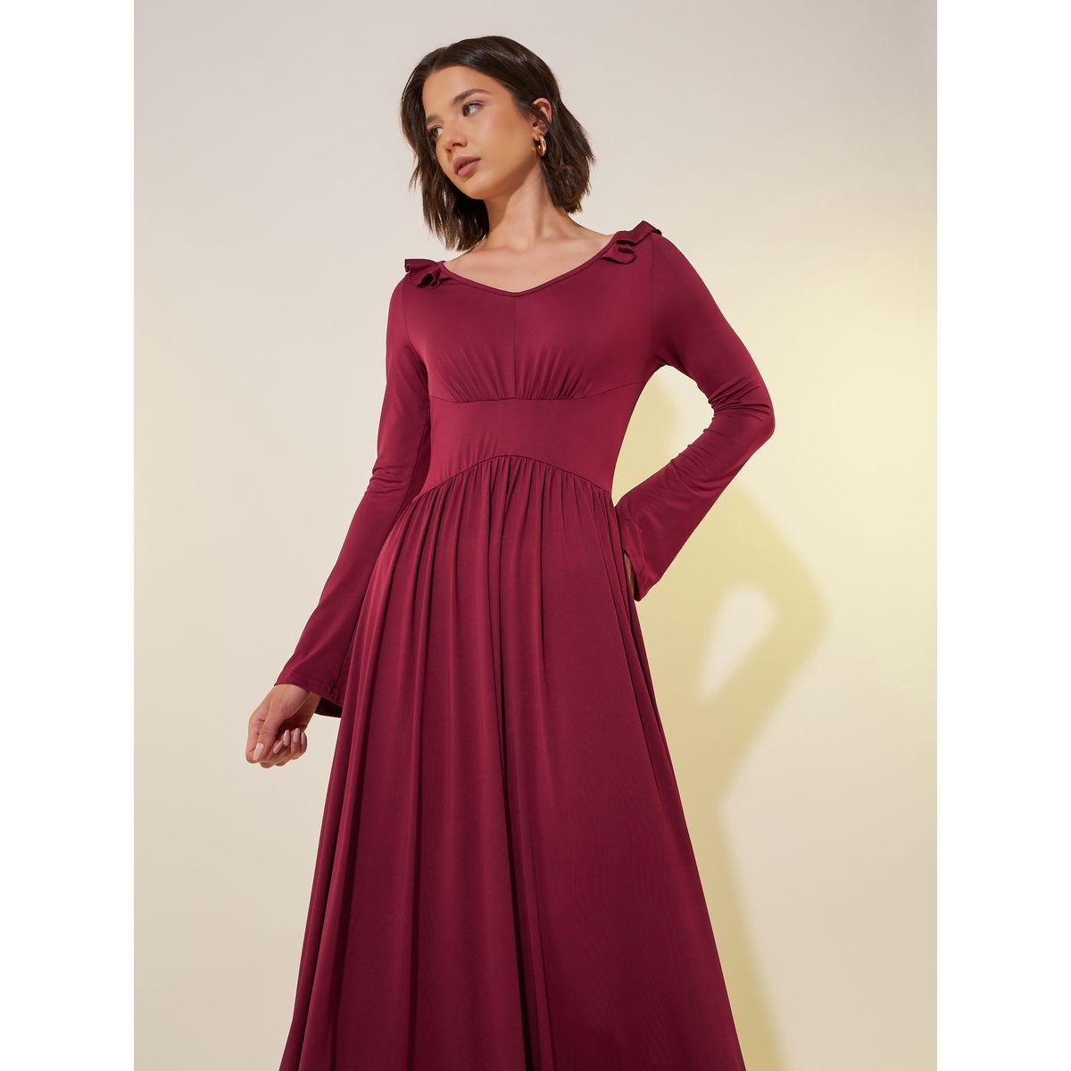 Styli Solid V Neck Ruffle Trim A-Line Maxi Dress-women-clothing-dresses-image-3