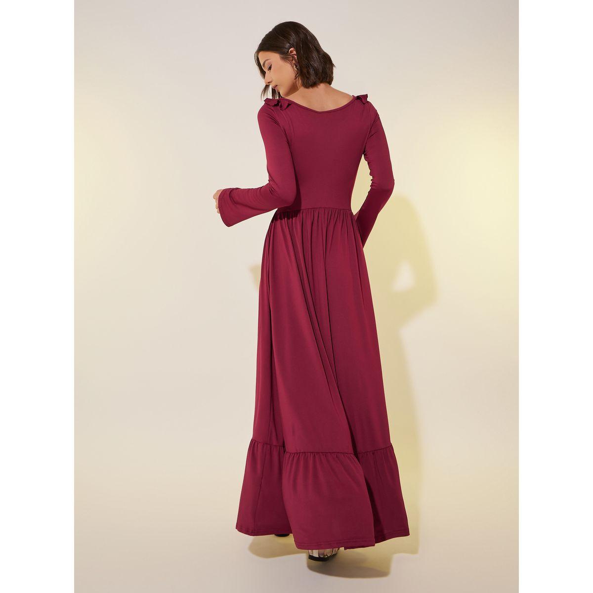فستان طويل سادة بحافة واسعة وكشكش-women-clothing-dresses-image-5
