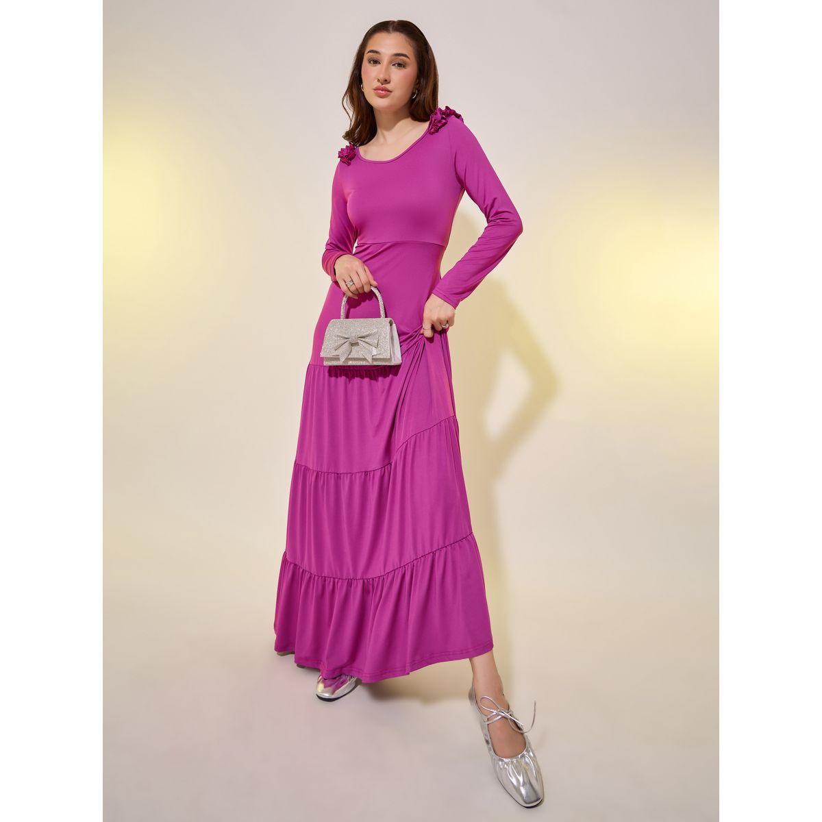 Styli Pink Solid V Neck Ruffle Trim Tiered Maxi Dress-women-clothing-dresses-image-2