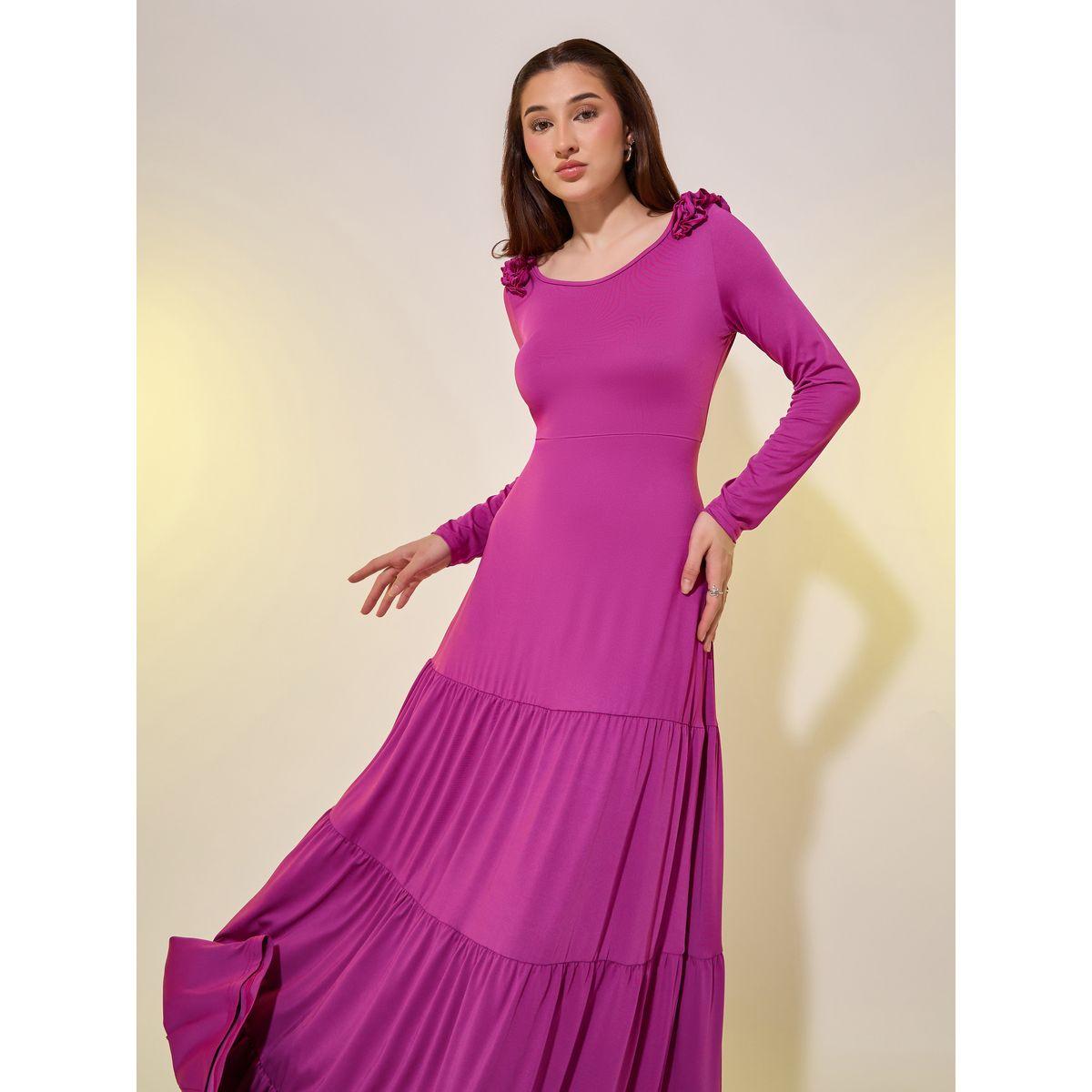 فستان طويل سادة بكشكش وكسرات-women-clothing-dresses-image-3