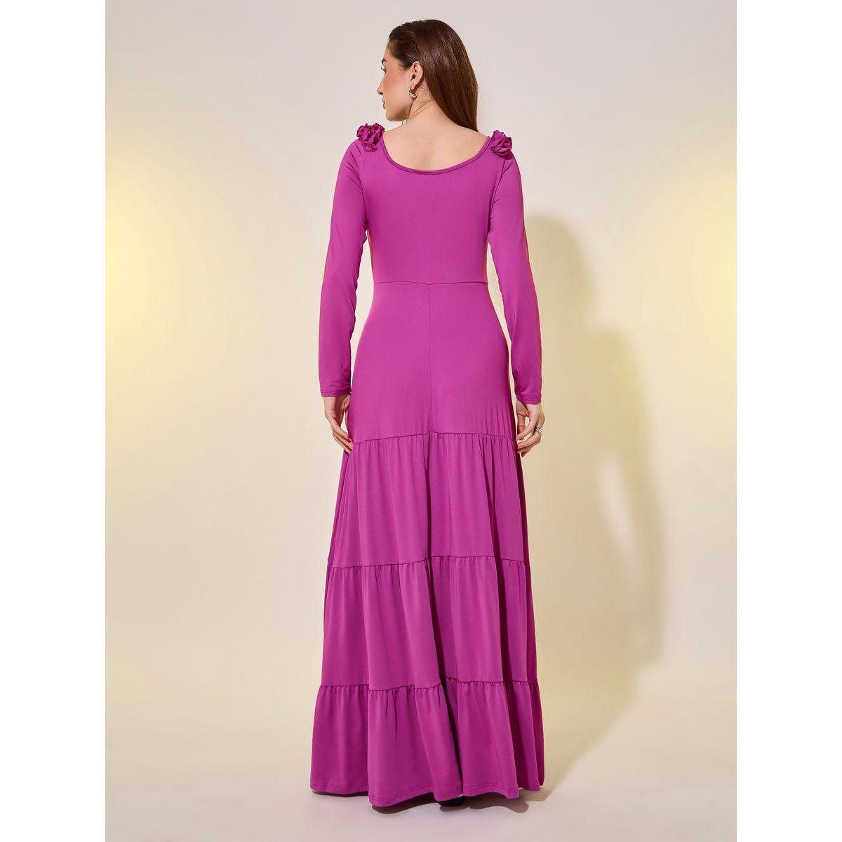 Styli Pink Solid V Neck Ruffle Trim Tiered Maxi Dress-women-clothing-dresses-image-5