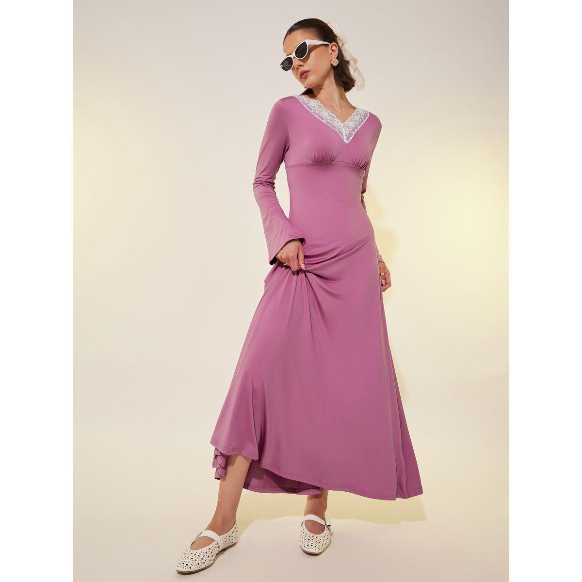 Styli Solid V Neck A-Line Maxi Dress with Lace Trim-women-clothing-dresses-image-1