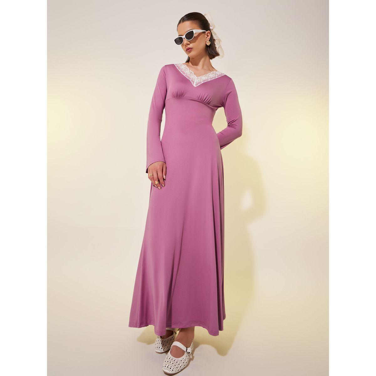 Styli Solid V Neck A-Line Maxi Dress with Lace Trim-women-clothing-dresses-image-2