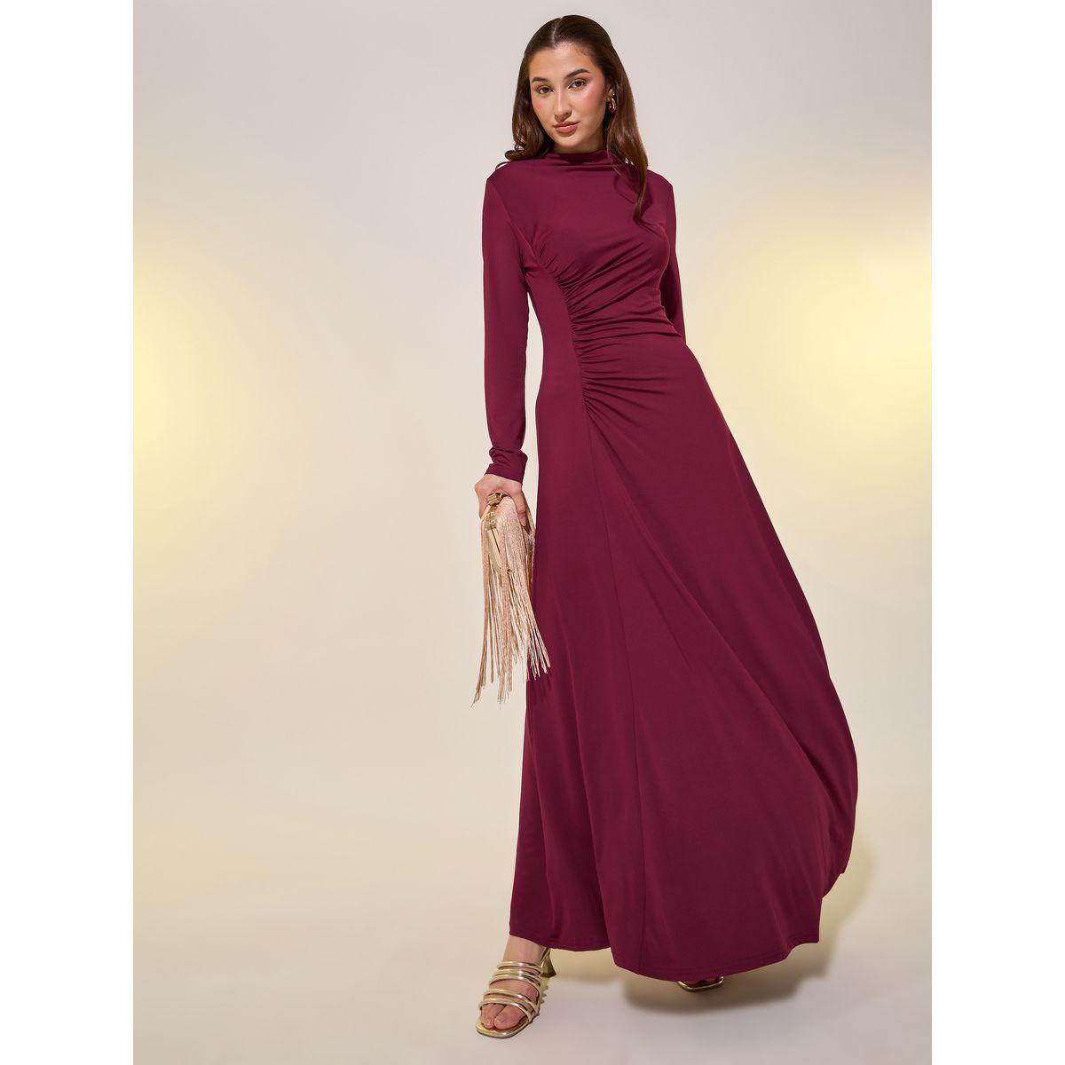 Styli Solid Gathered Waist A-Line Maxi Dress-women-clothing-dresses-image-2