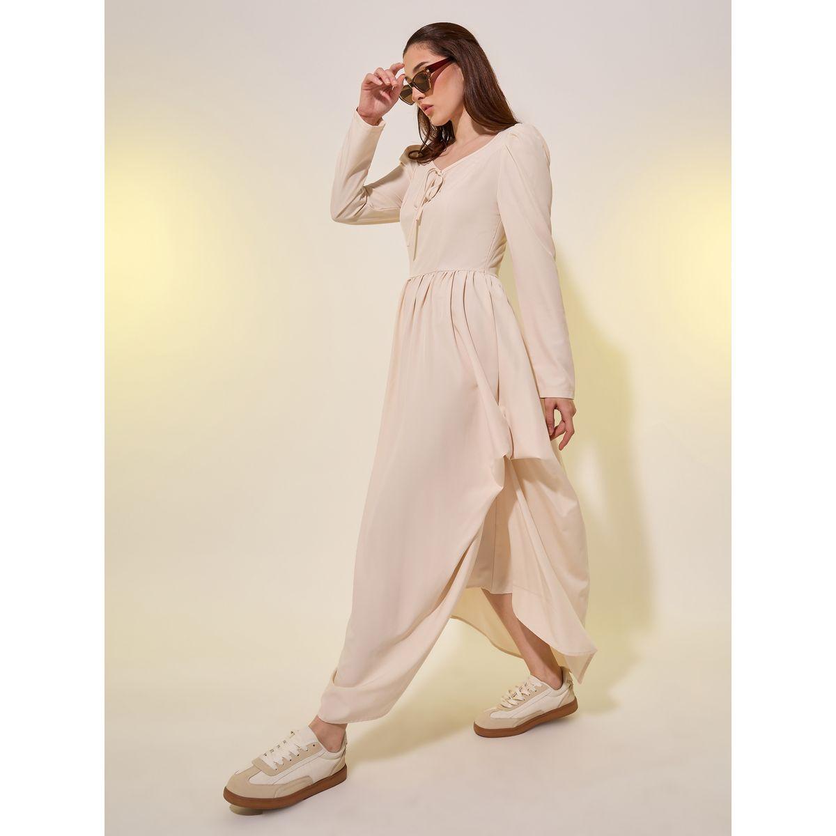 Styli Solid Puff Sleeves Asymmetric Hem A-Line Maxi Dress-women-clothing-dresses-image-1