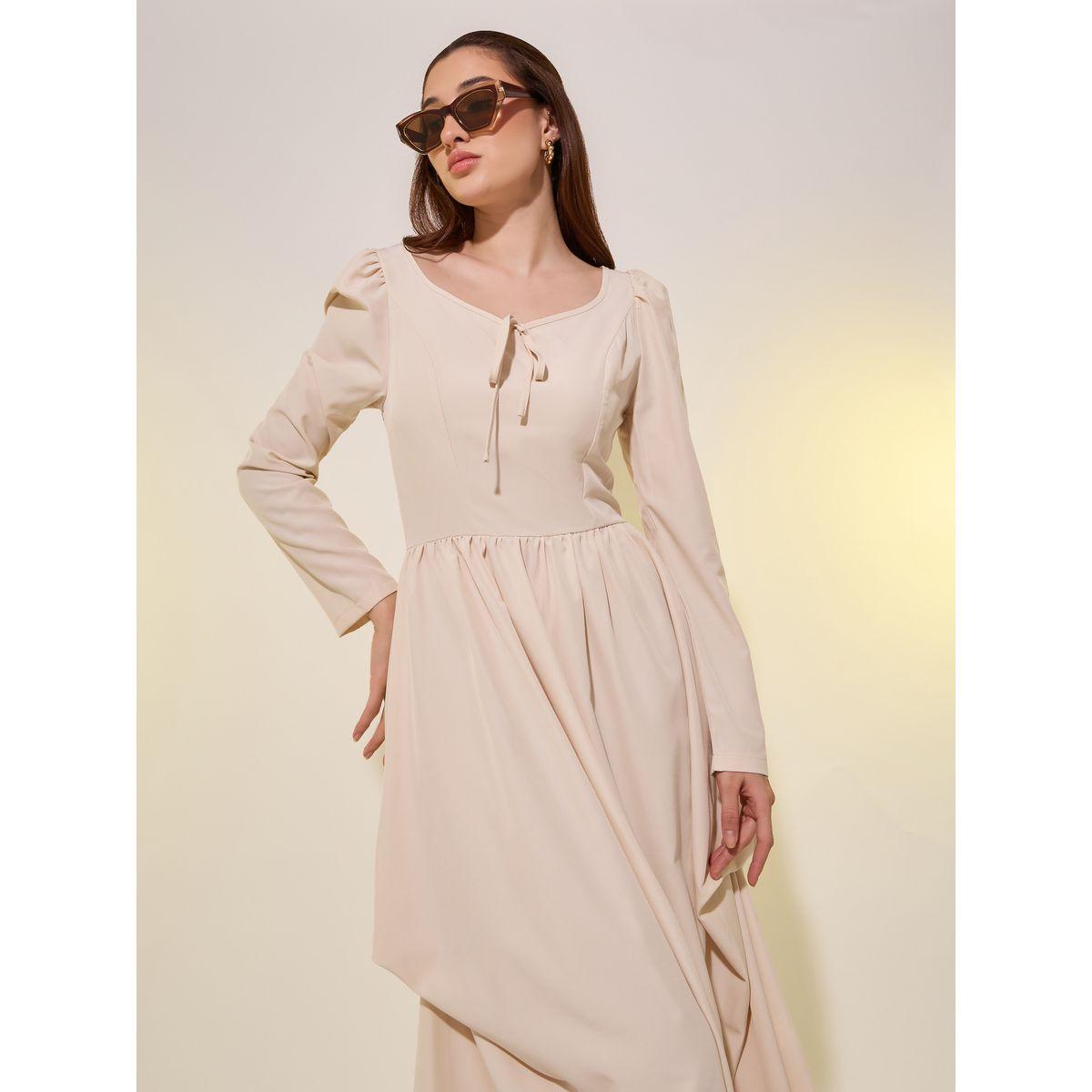 فستان طويل سادة بأكمام منفوخة وحافة غير متماثلة الطول-women-clothing-dresses-image-2