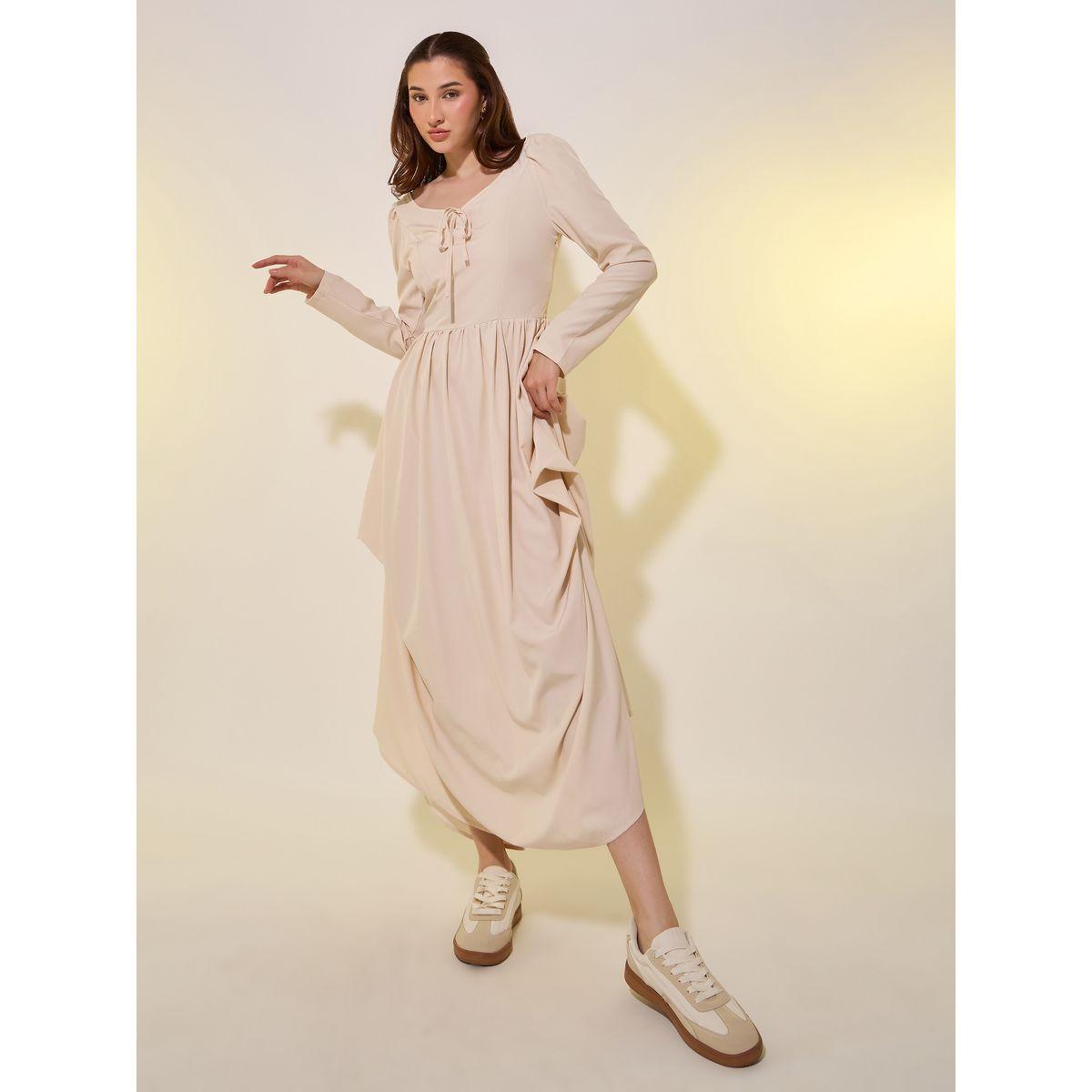 Styli Solid Puff Sleeves Asymmetric Hem A-Line Maxi Dress-women-clothing-dresses-image-3