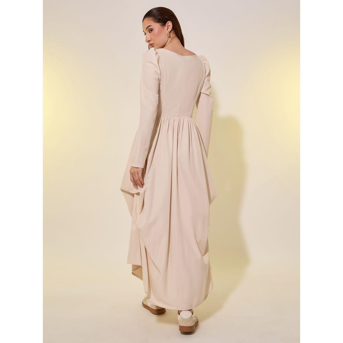 Styli Solid Puff Sleeves Asymmetric Hem A-Line Maxi Dress-women-clothing-dresses-image-5