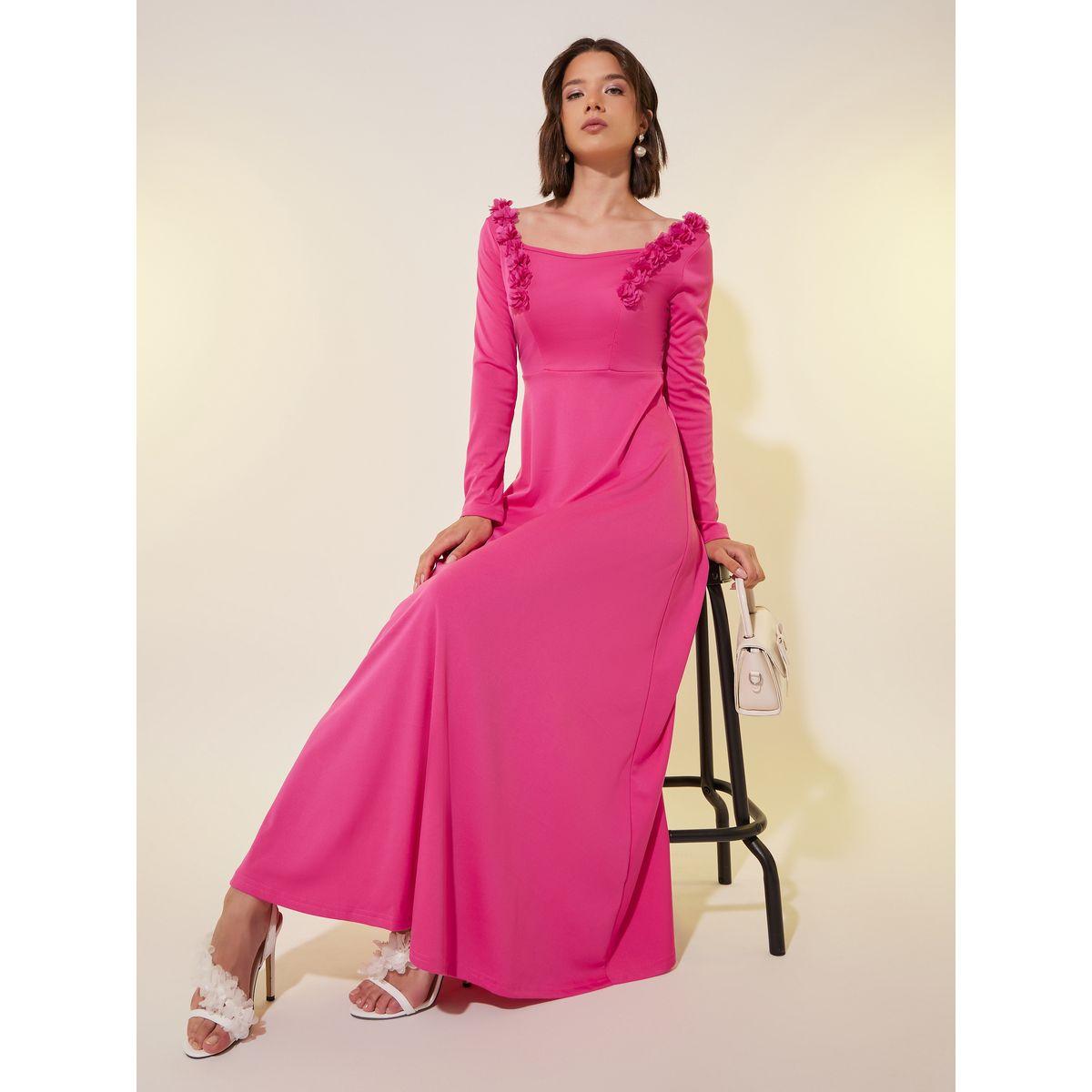 Styli Solid Long Sleeves A-Line Maxi Dress with Corsage Detail-women-clothing-dresses-image-1
