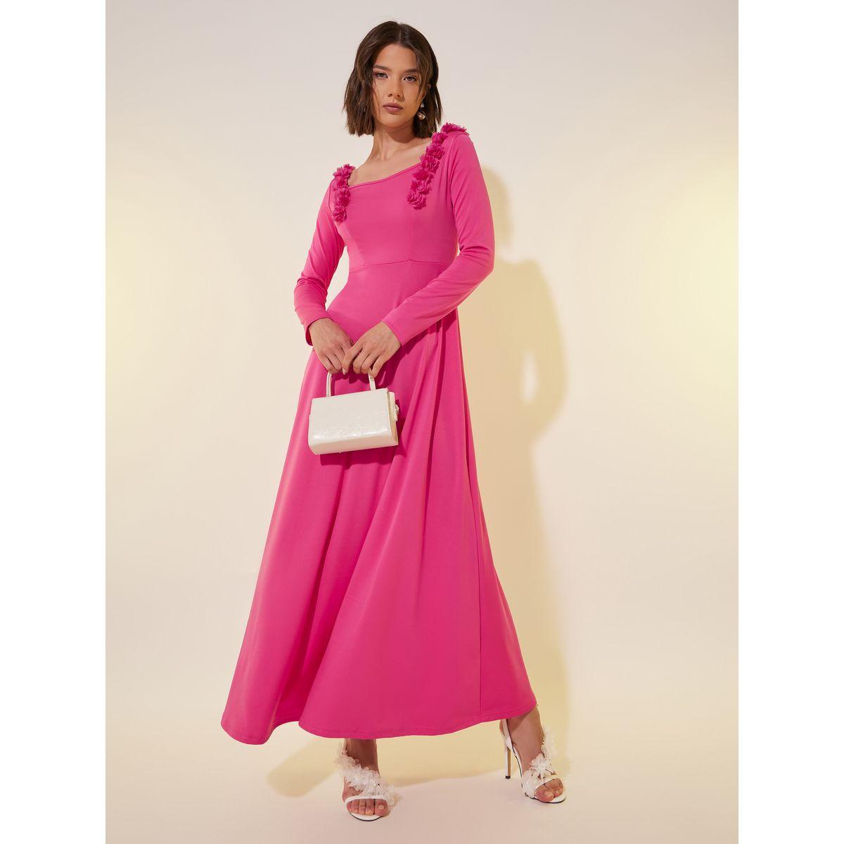 Styli Solid Long Sleeves A-Line Maxi Dress with Corsage Detail-women-clothing-dresses-image-2