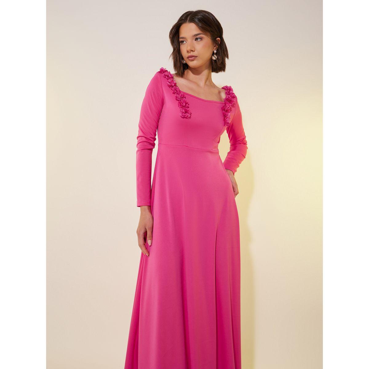 Styli Solid Long Sleeves A-Line Maxi Dress with Corsage Detail-women-clothing-dresses-image-3