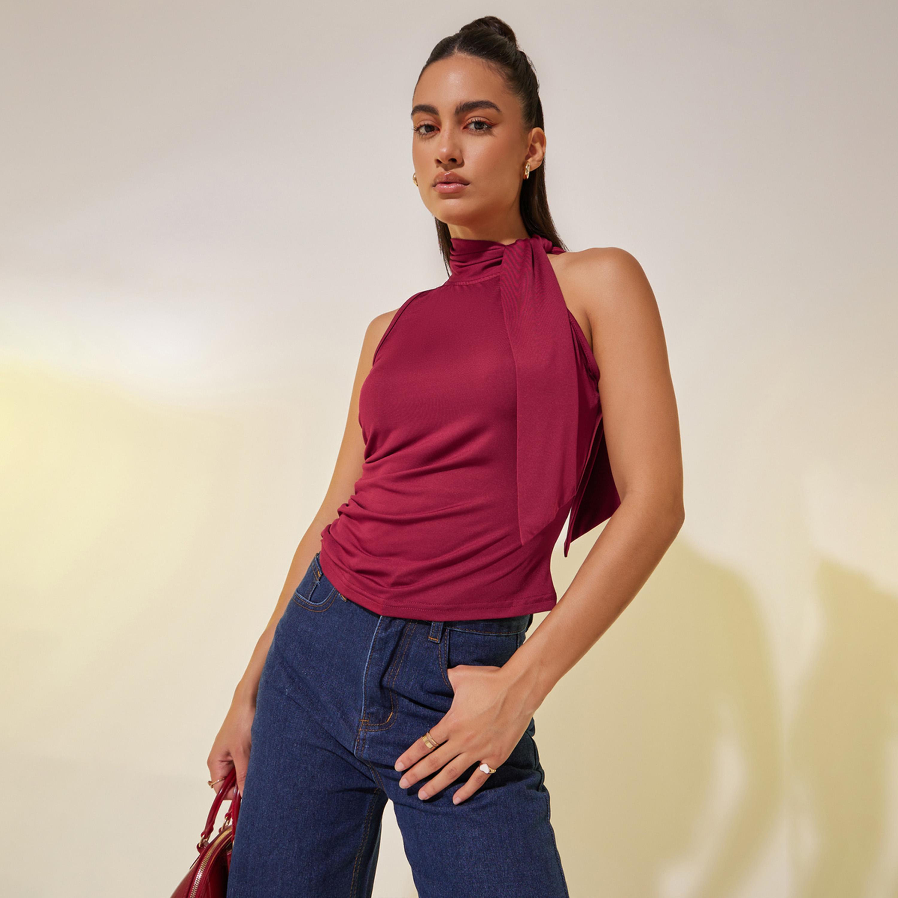 Styli Solid Sleeveless High Neck Knit Top-women-clothing-tshirts-image-1