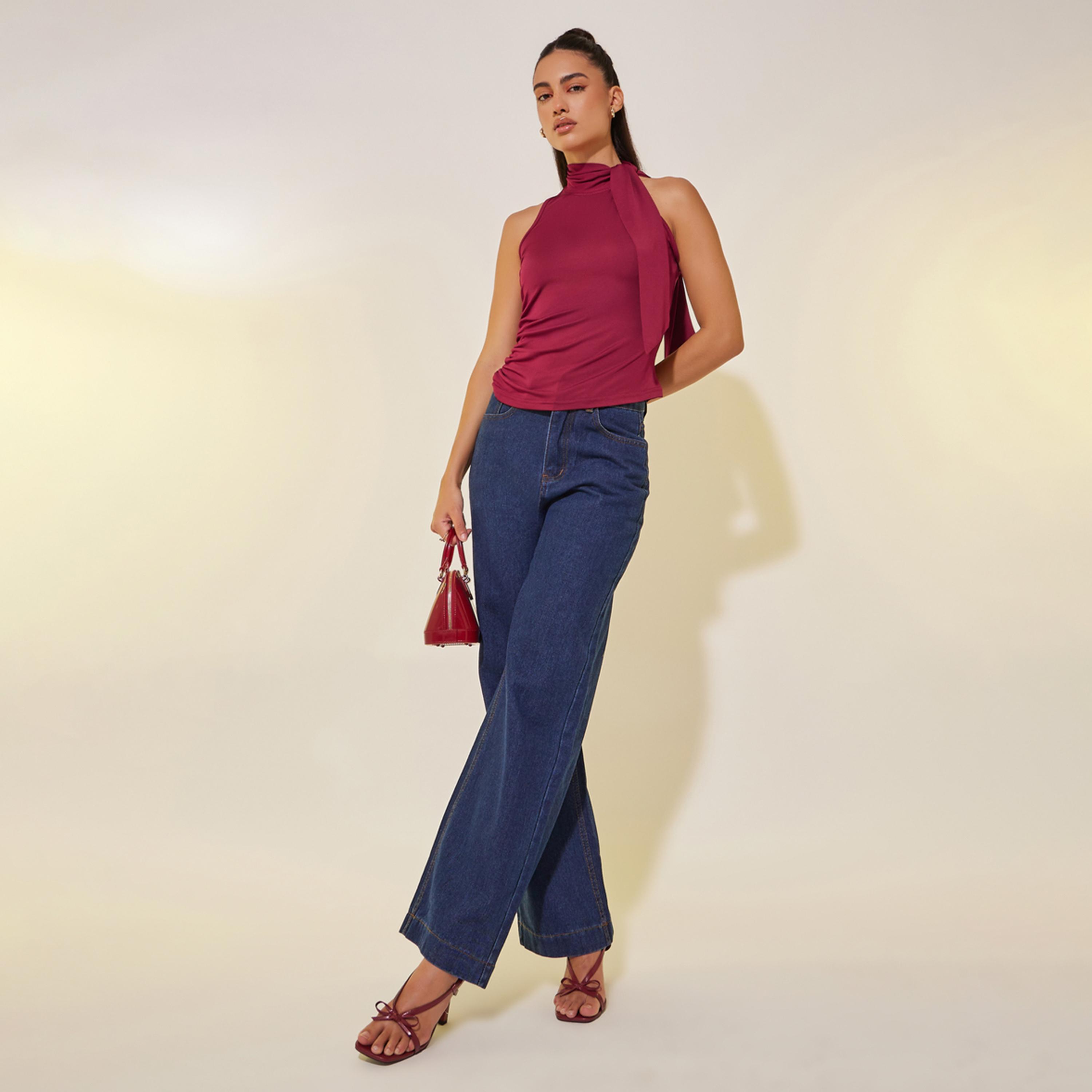 ستايلي - بلوزة سادة بدون أكمام ورقبة عالية محبوكة-women-clothing-tshirts-image-3
