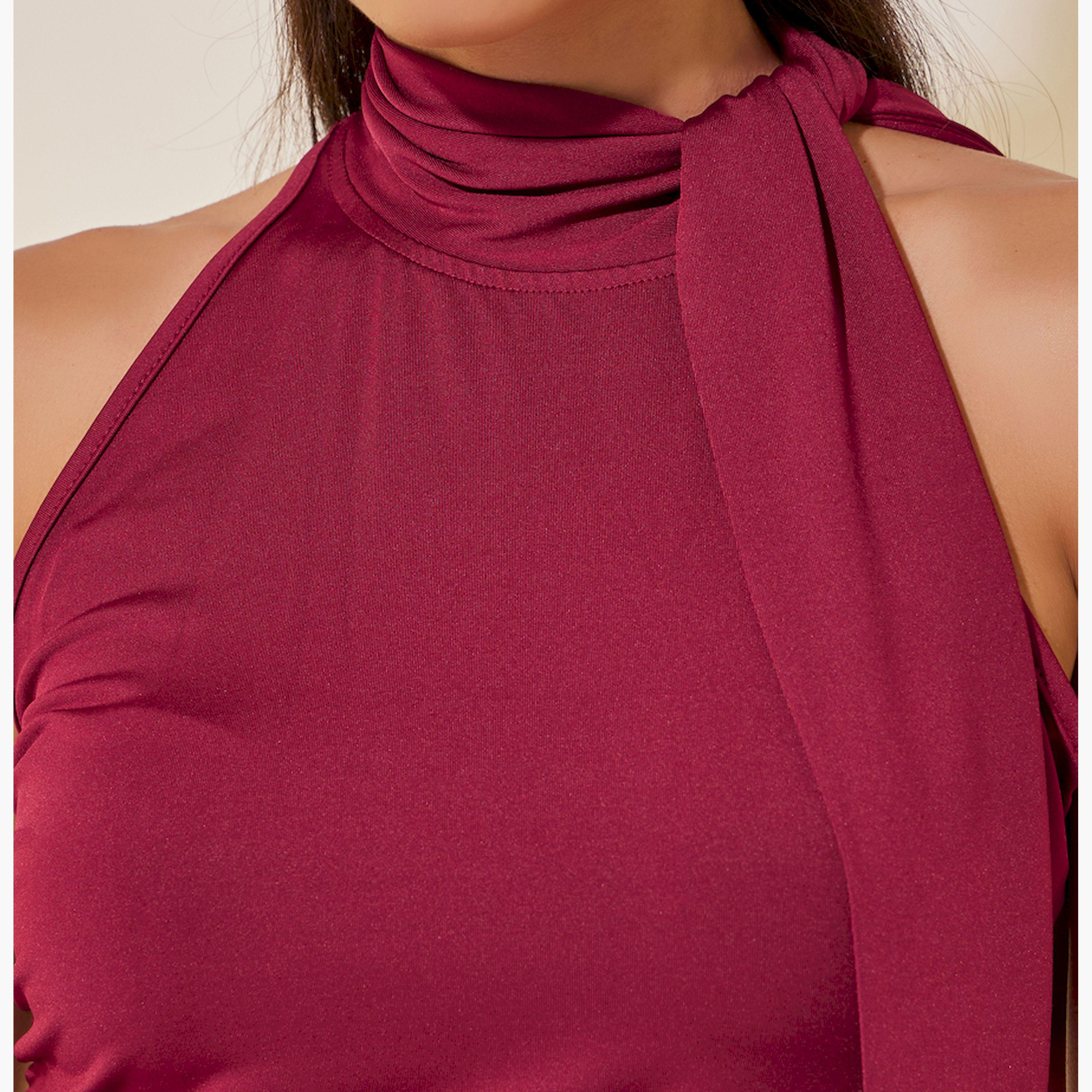 ستايلي - بلوزة سادة بدون أكمام ورقبة عالية محبوكة-women-clothing-tshirts-image-2