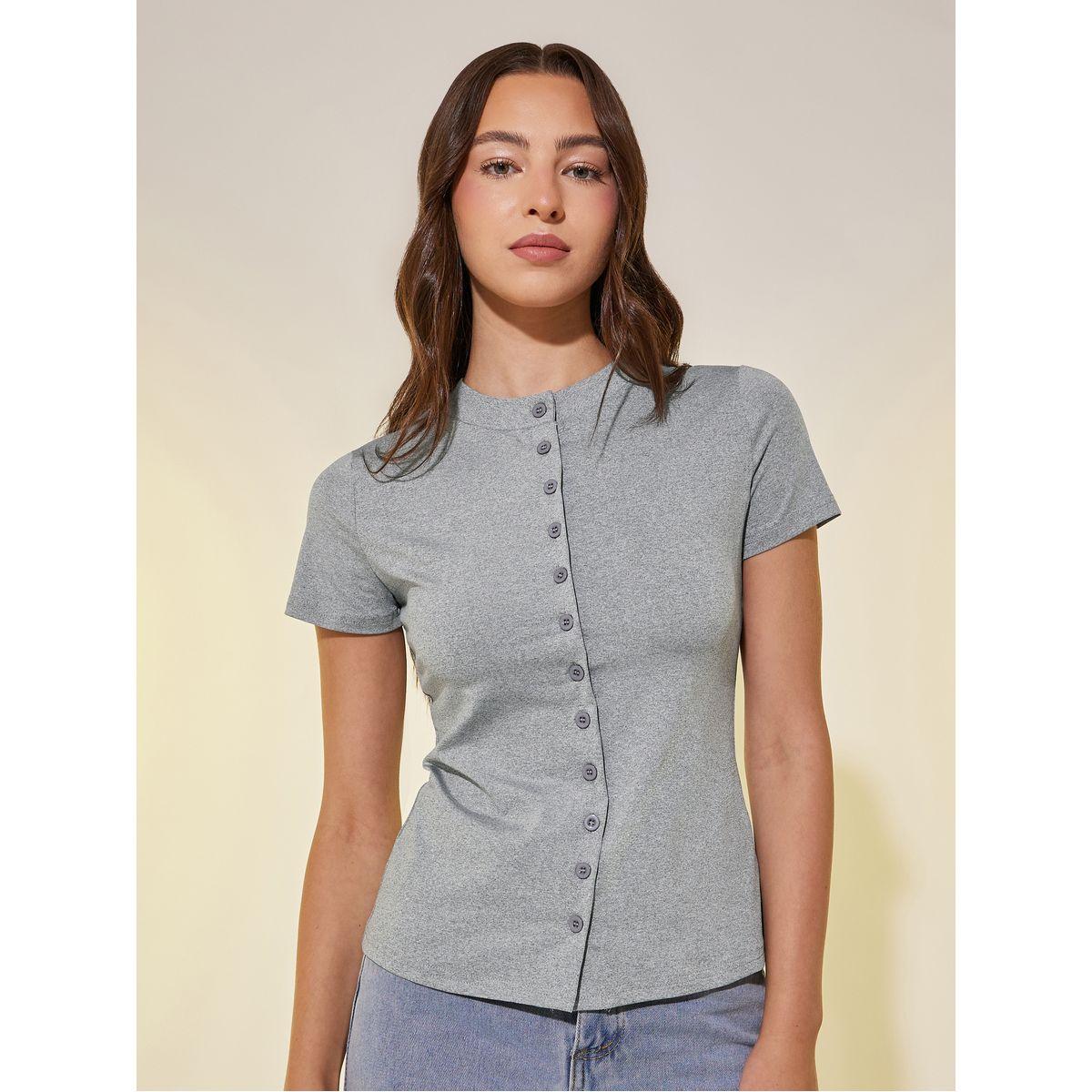 Styli Solid Short Sleeve Button-Up Knit Top-women-clothing-shirtsandblouses-blouses-image-1