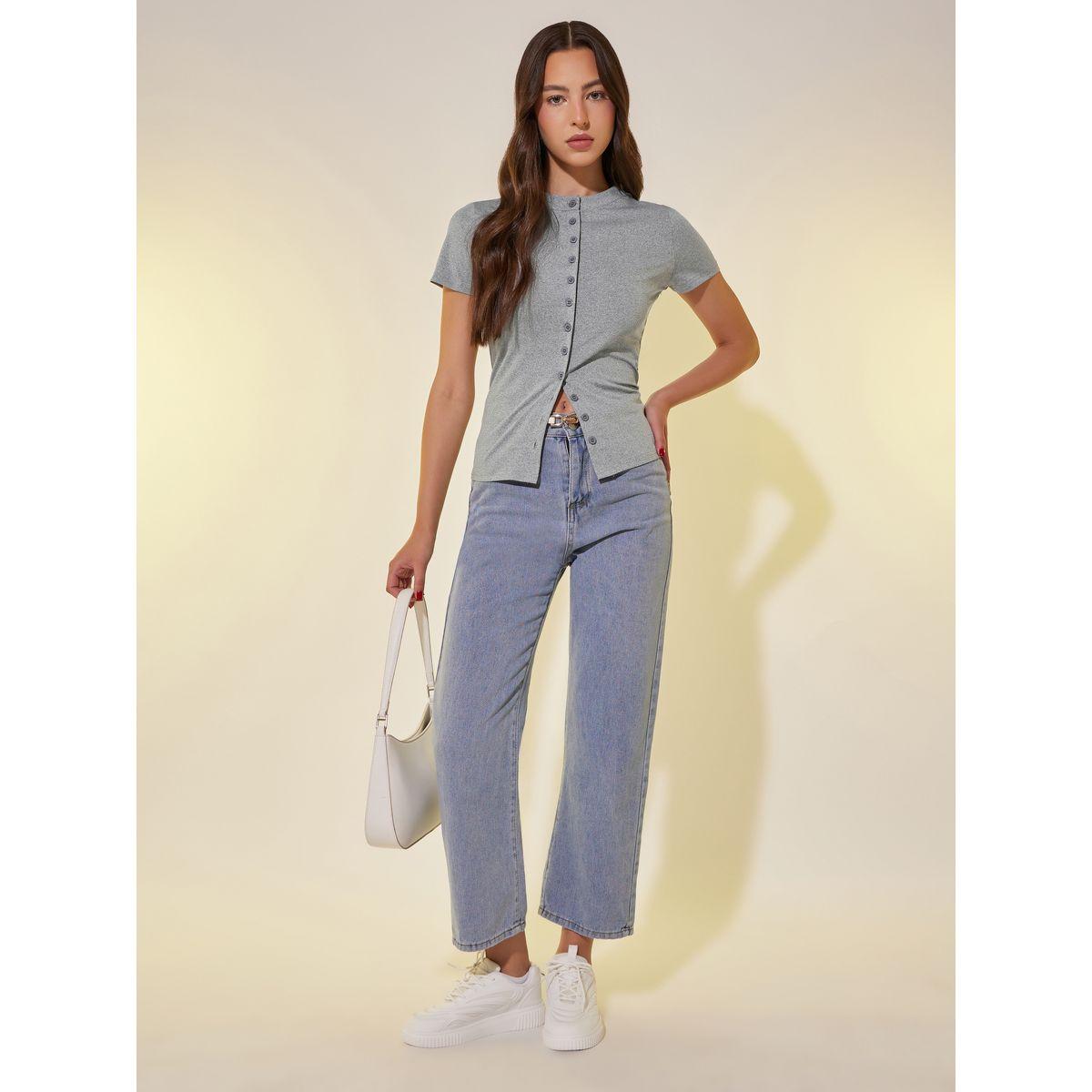 Styli Solid Short Sleeve Button-Up Knit Top-women-clothing-shirtsandblouses-blouses-image-2